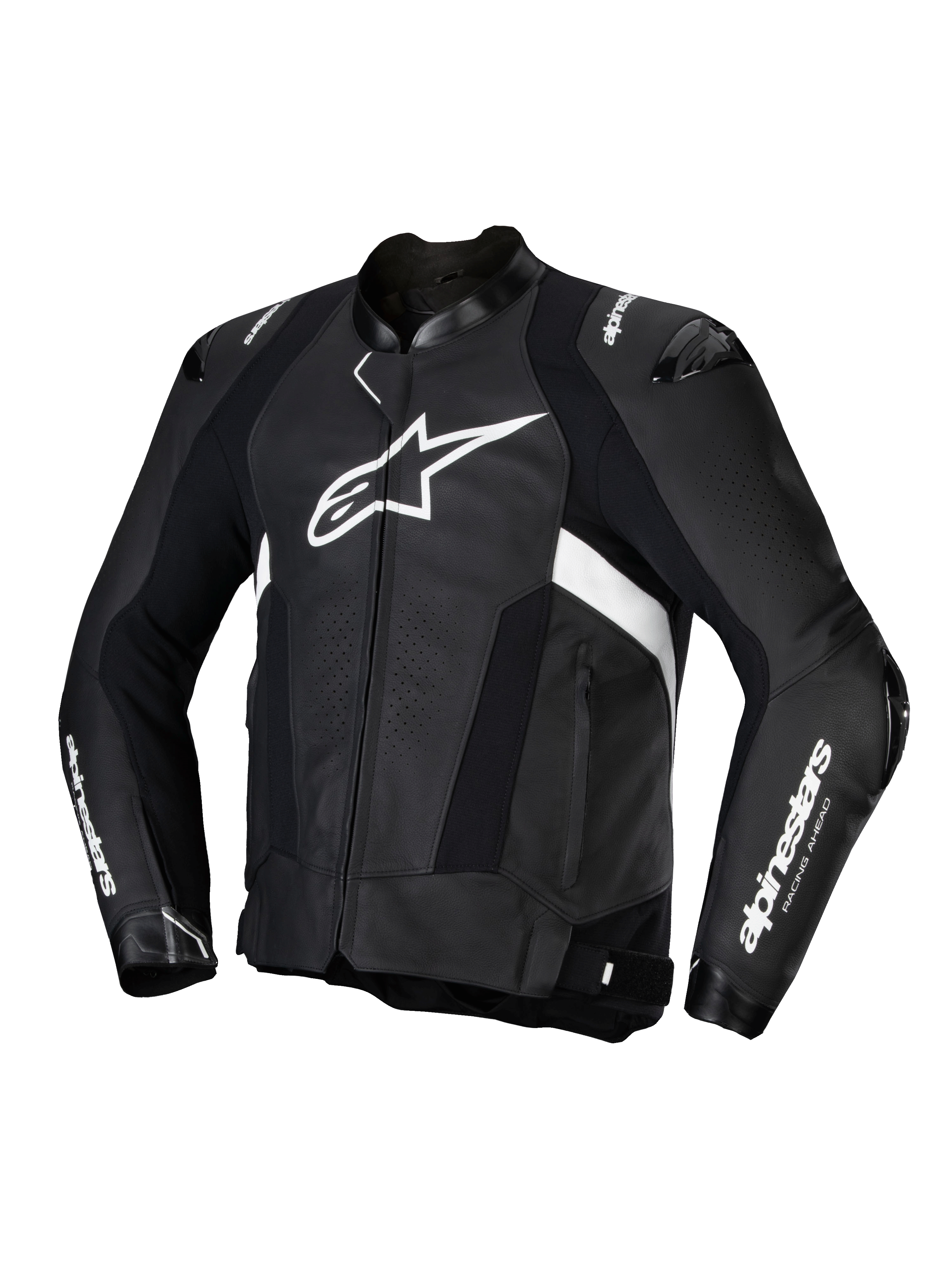 Alpinestars Missile V3 Læder Jakke, herre-motorcykelracingjakke i sort og hvid, premium okseskindskonstruktion med CE-certificering og skulder- og albuebeskyttelse