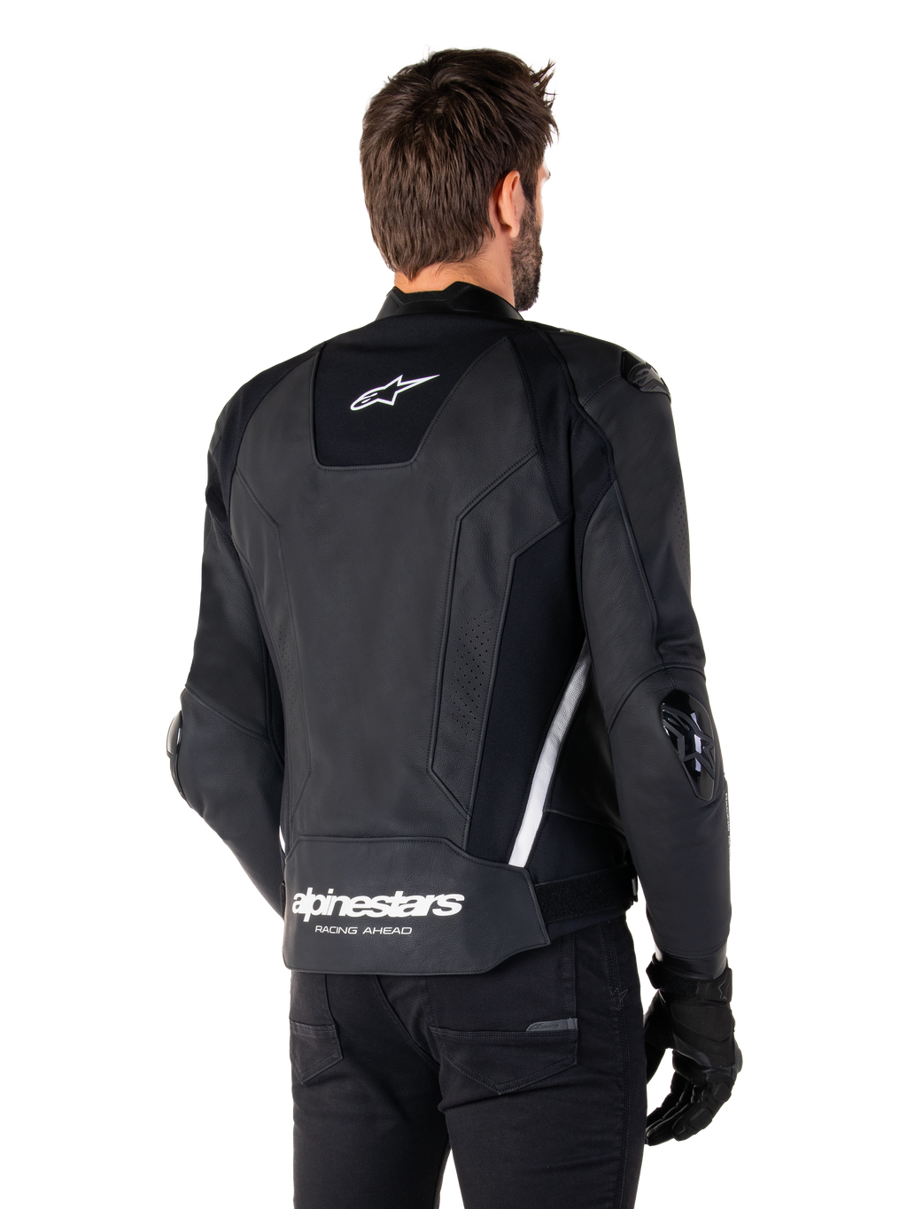 Alpinestars Missile V3 læderjakke, set bagfra, sort og hvid, med Alpinestars-stjernelogo på den øverste ryg og navnetræk på den nederste ryg, beskyttende glidere på albuer og skuldre, premium læder-racerudstyr