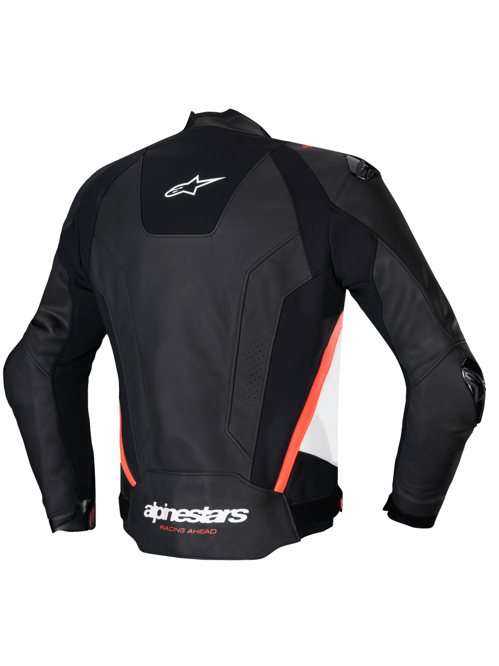 Alpinestars Missile V3 læderjakke, herre-motorcykelracingjakke set bagfra, sort, hvid og rød flammefarvet, CE-certificeret premium bovinlæder