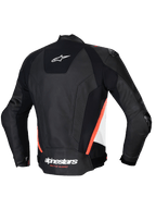 Alpinestars Missile V3 læderjakke, herre-motorcykelracingjakke set bagfra, sort, hvid og rød flammefarvet, CE-certificeret premium bovinlæder