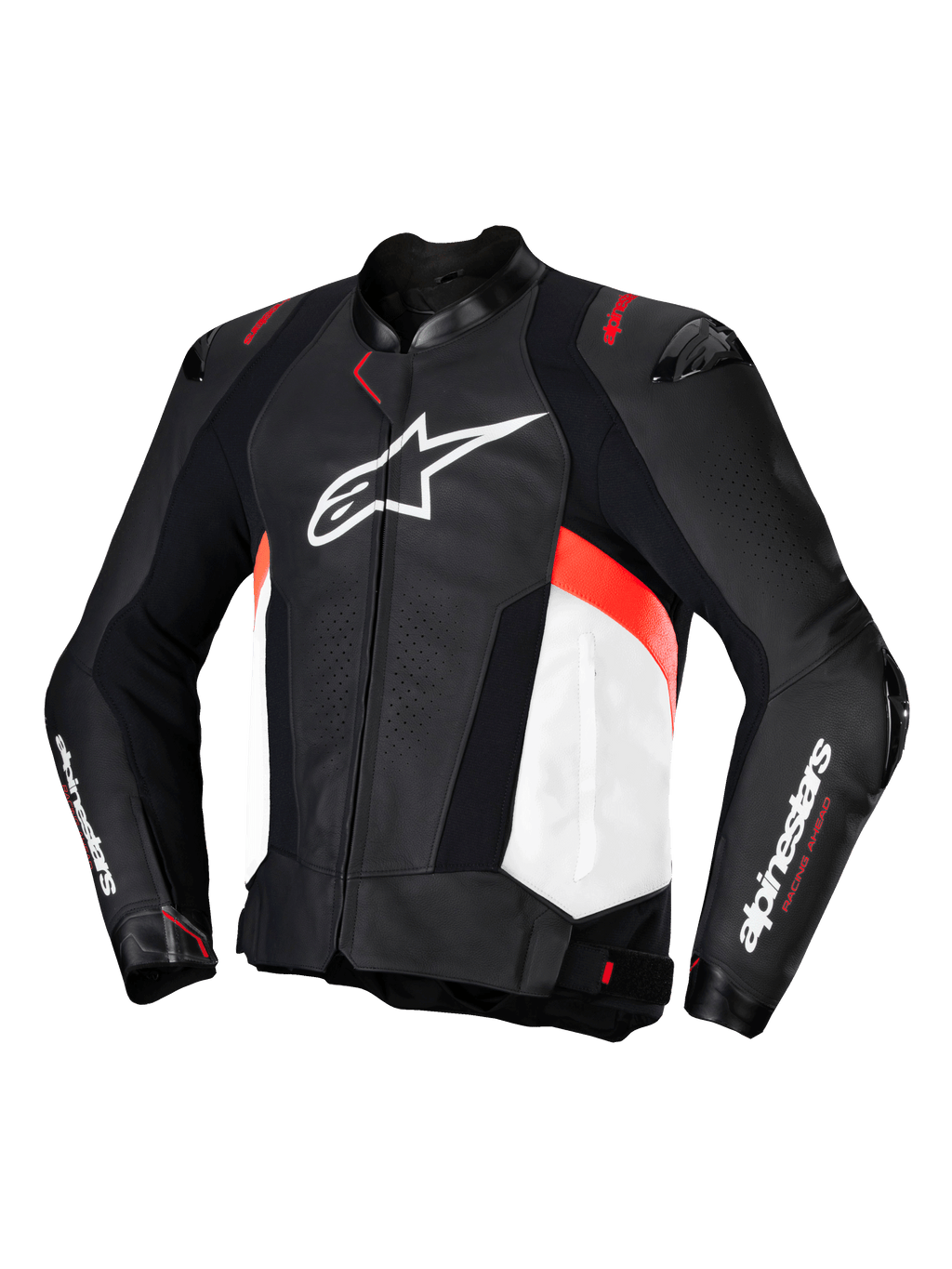 Alpinestars Missile V3 Læderjakke, motorcykelracinglæderjakke til herrer, sort, hvid og rød, CE-certificeret