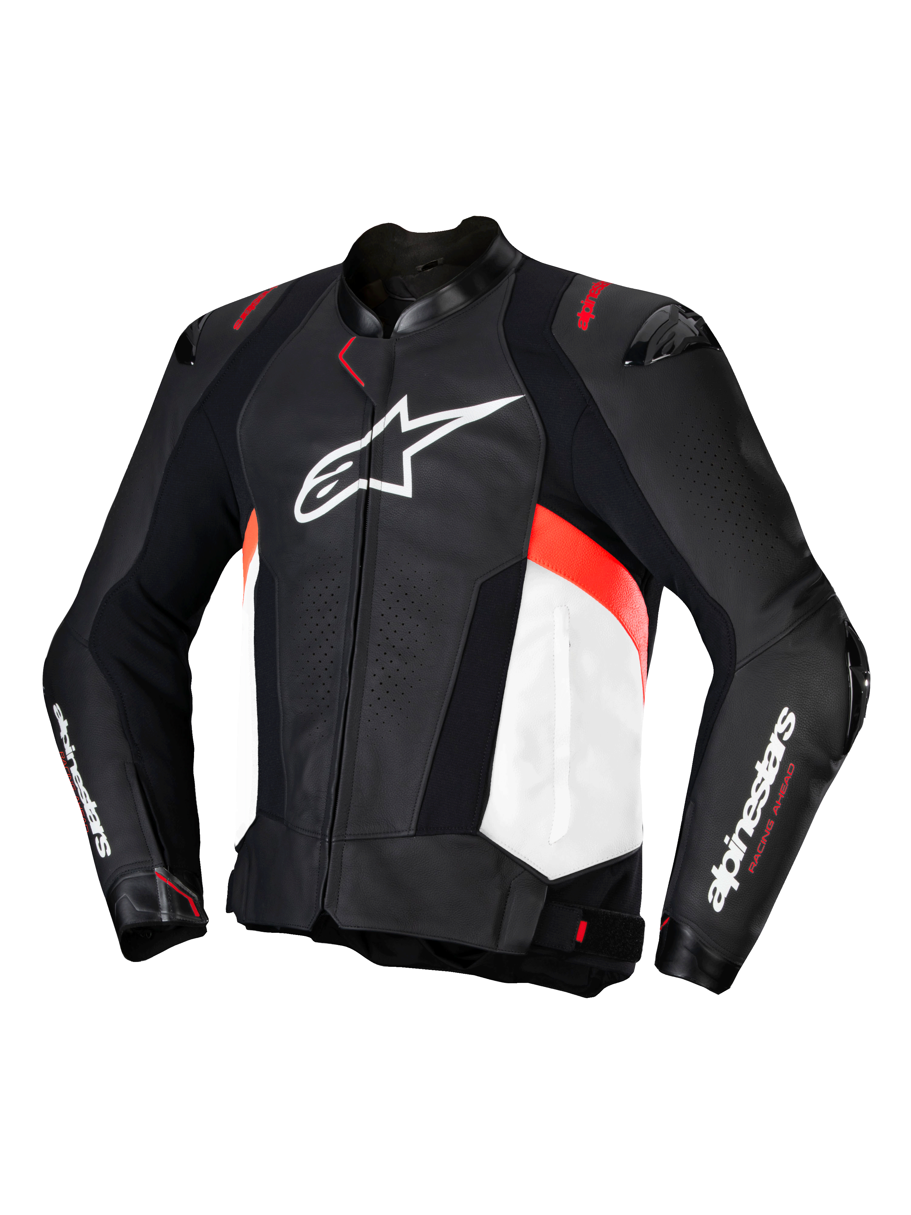 Alpinestars Missile V3 Læderjakke, motorcykelracinglæderjakke til herrer, sort, hvid og rød, CE-certificeret