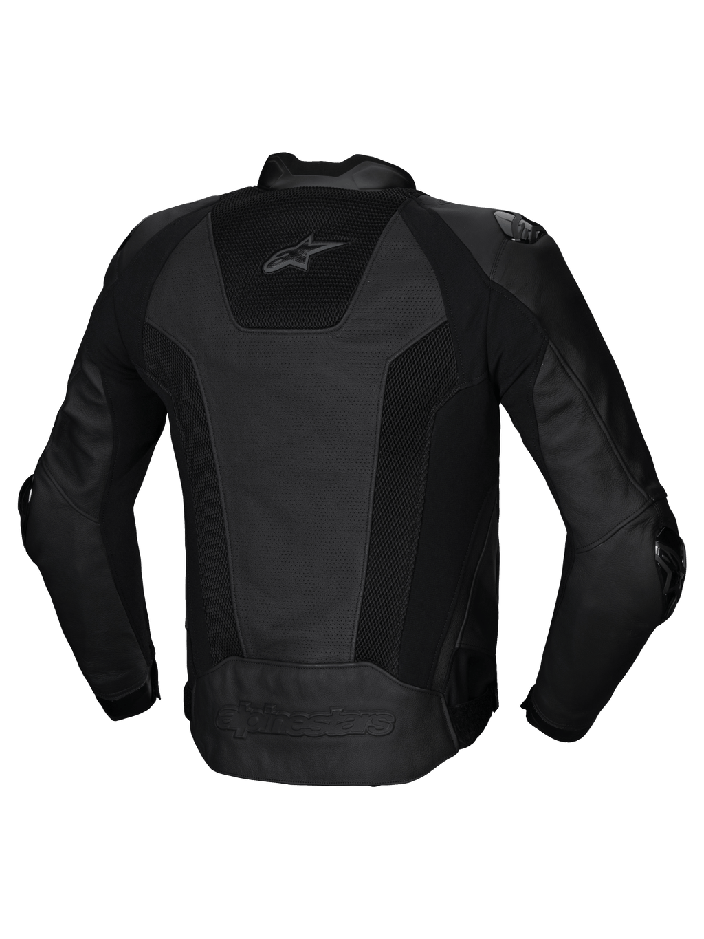 Alpinestars Missile V3 Airflow Læderjakke, herre-motorcykelracingjakke set bagfra i sort med perforerede læderpaneler og strækindsatser, CE-certificeret AA-klasse