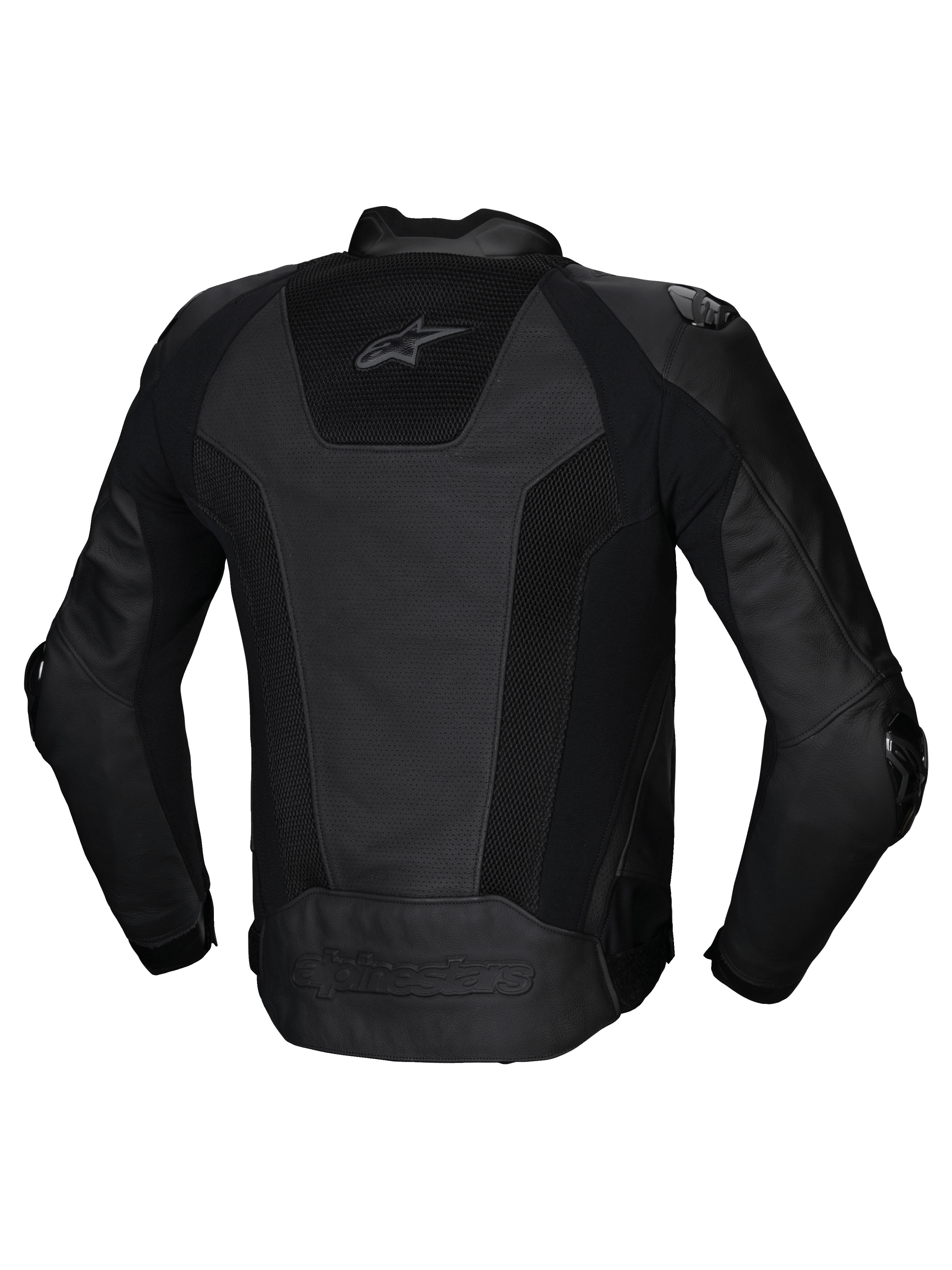 Alpinestars Missile V3 Airflow Læderjakke, herre-motorcykelracingjakke set bagfra i sort med perforerede læderpaneler og strækindsatser, CE-certificeret AA-klasse