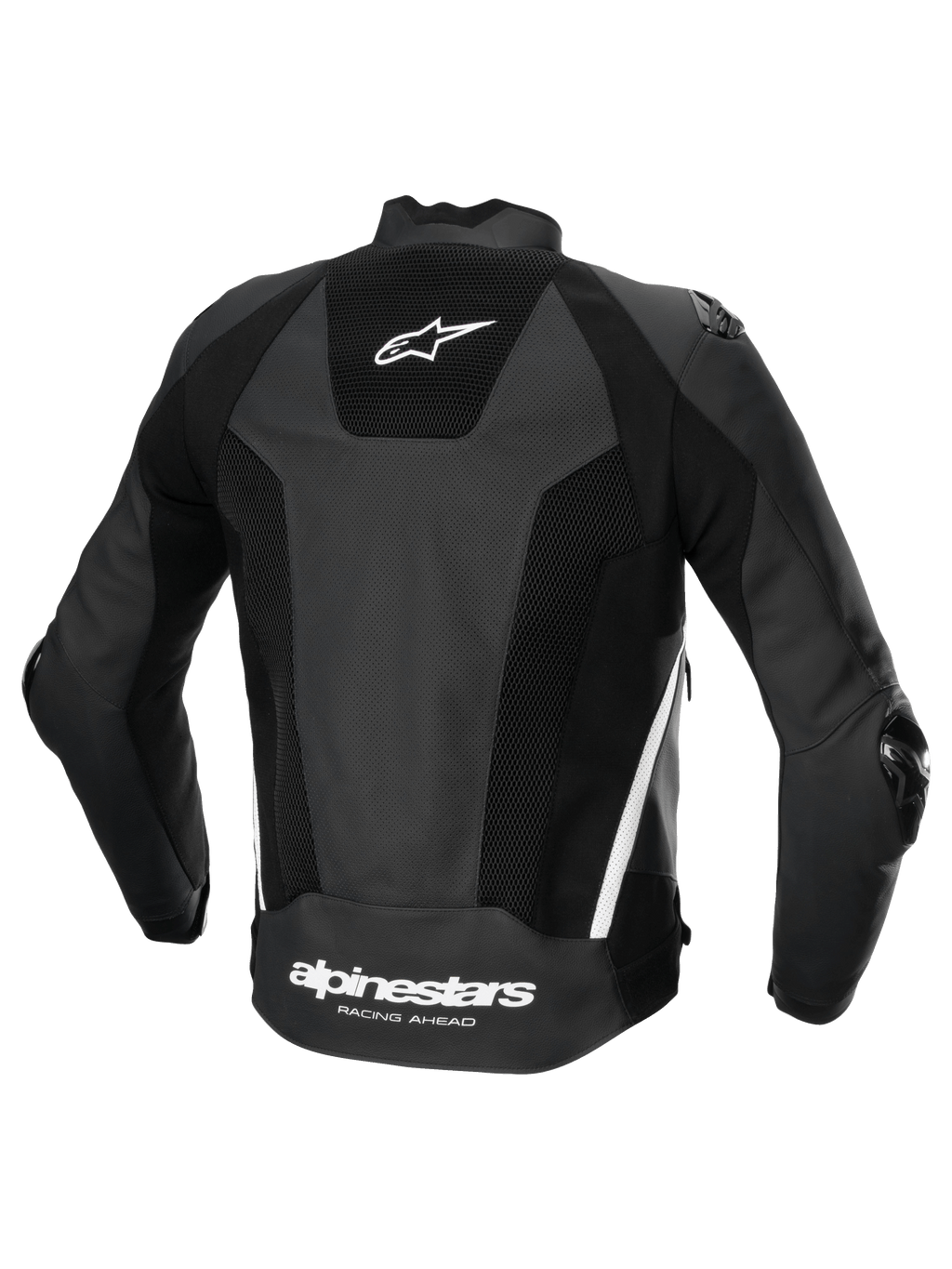 Alpinestars Missile V3 Airflow Læder Jakke, herre-motorcykelracingjakke set bagfra, sort og hvid, premium perforeret læder med strækpaneler og logo på ryggen