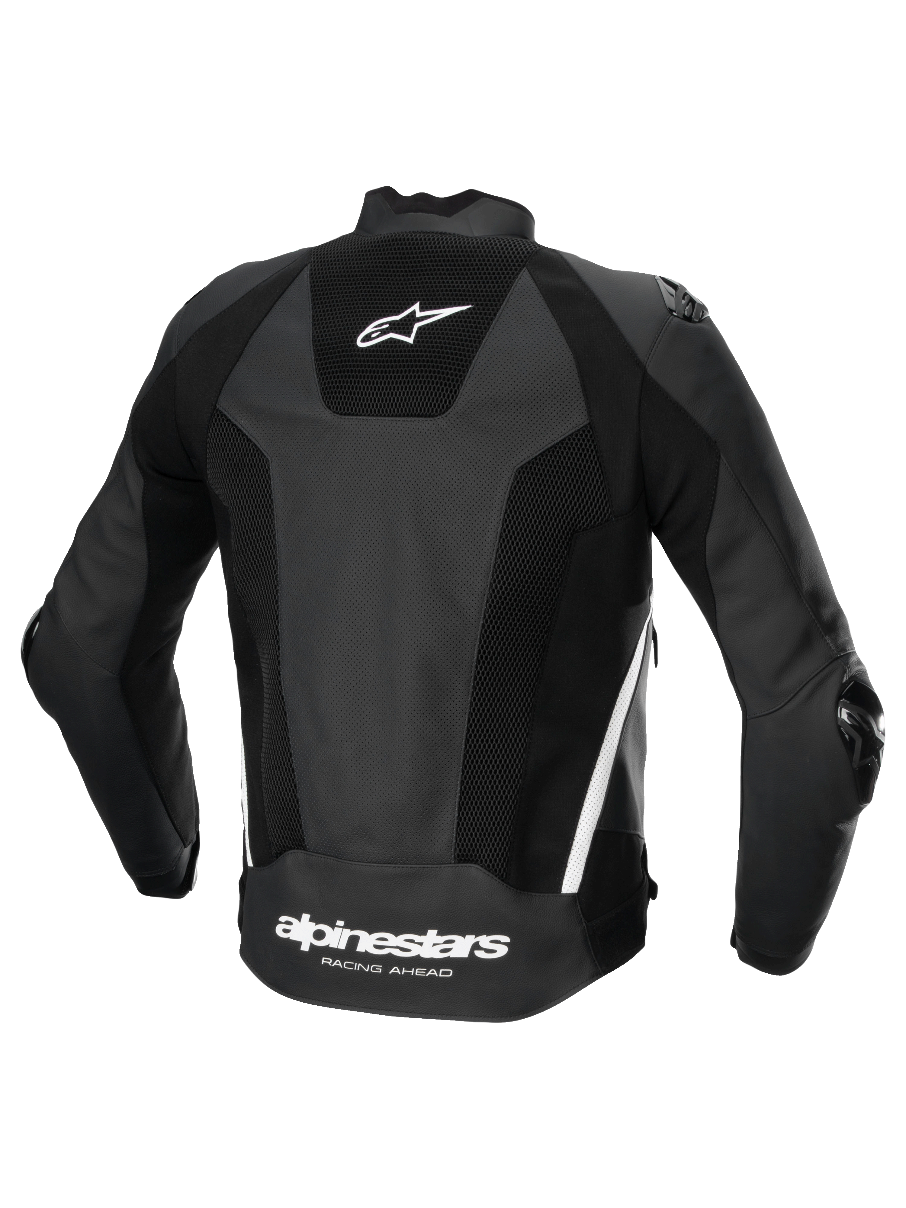 Alpinestars Missile V3 Airflow Læder Jakke, herre-motorcykelracingjakke set bagfra, sort og hvid, premium perforeret læder med strækpaneler og logo på ryggen