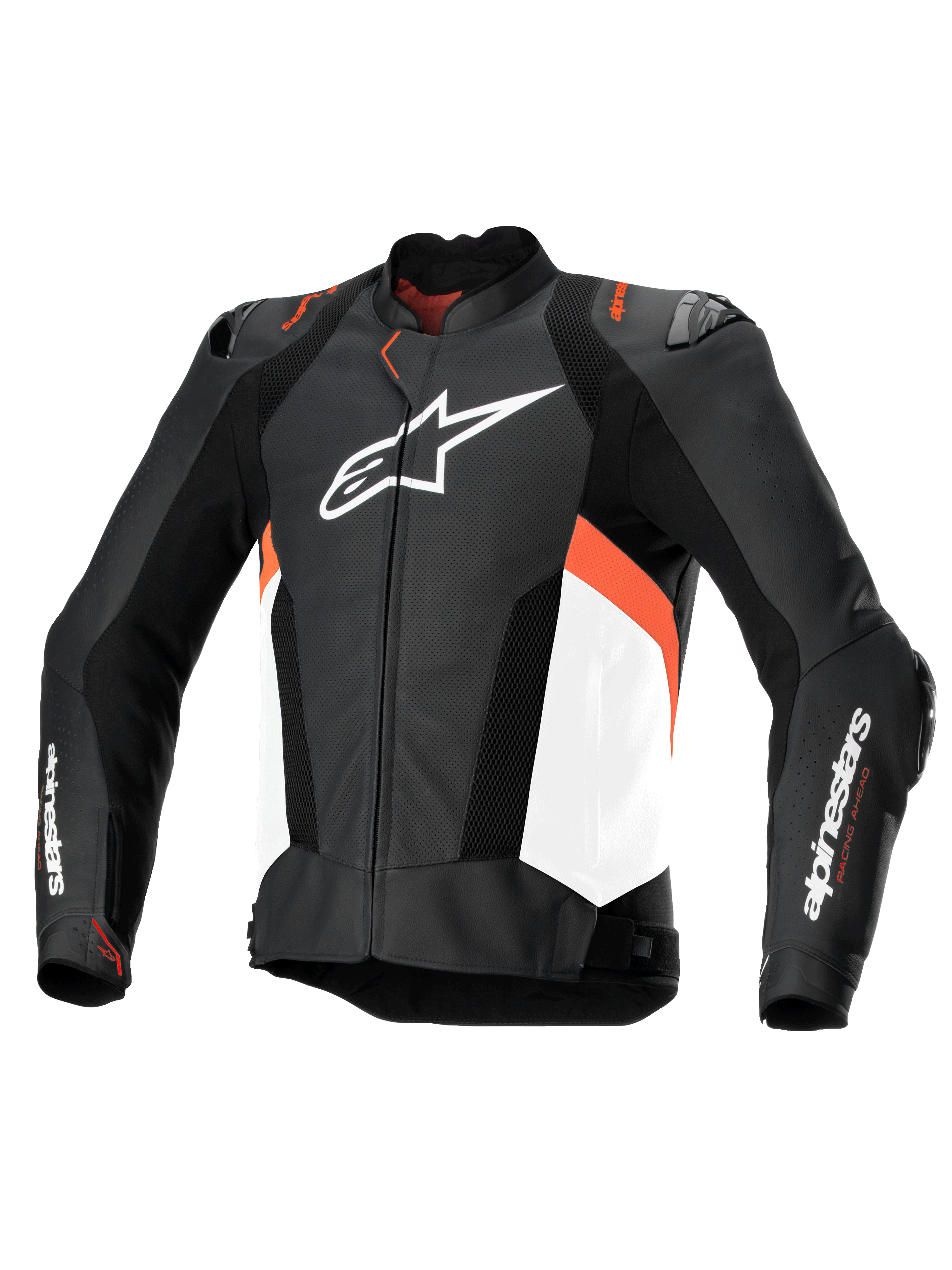 Alpinestars Missile V3 Airflow Leather Jacket, Men's Racing and Sport Motorcycle Jacket in Black, White, and Red Fluo, featuring perforated bovine race leather construction and CE certification