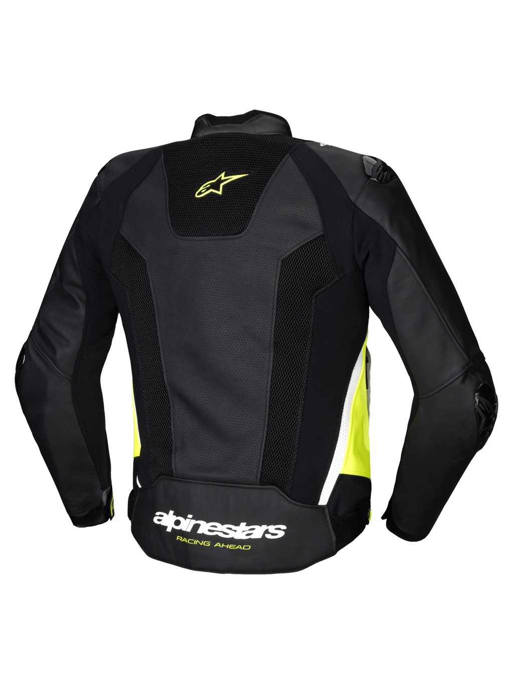 Alpinestars Missile V3 Airflow Læder Jakke, herre motorcykelracingjakke set bagfra, sort, gul fluo og hvid med perforeret læder og strækpaneler, CE-certificeret AA-klasse