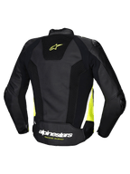 Alpinestars Missile V3 Airflow Læder Jakke, herre motorcykelracingjakke set bagfra, sort, gul fluo og hvid med perforeret læder og strækpaneler, CE-certificeret AA-klasse