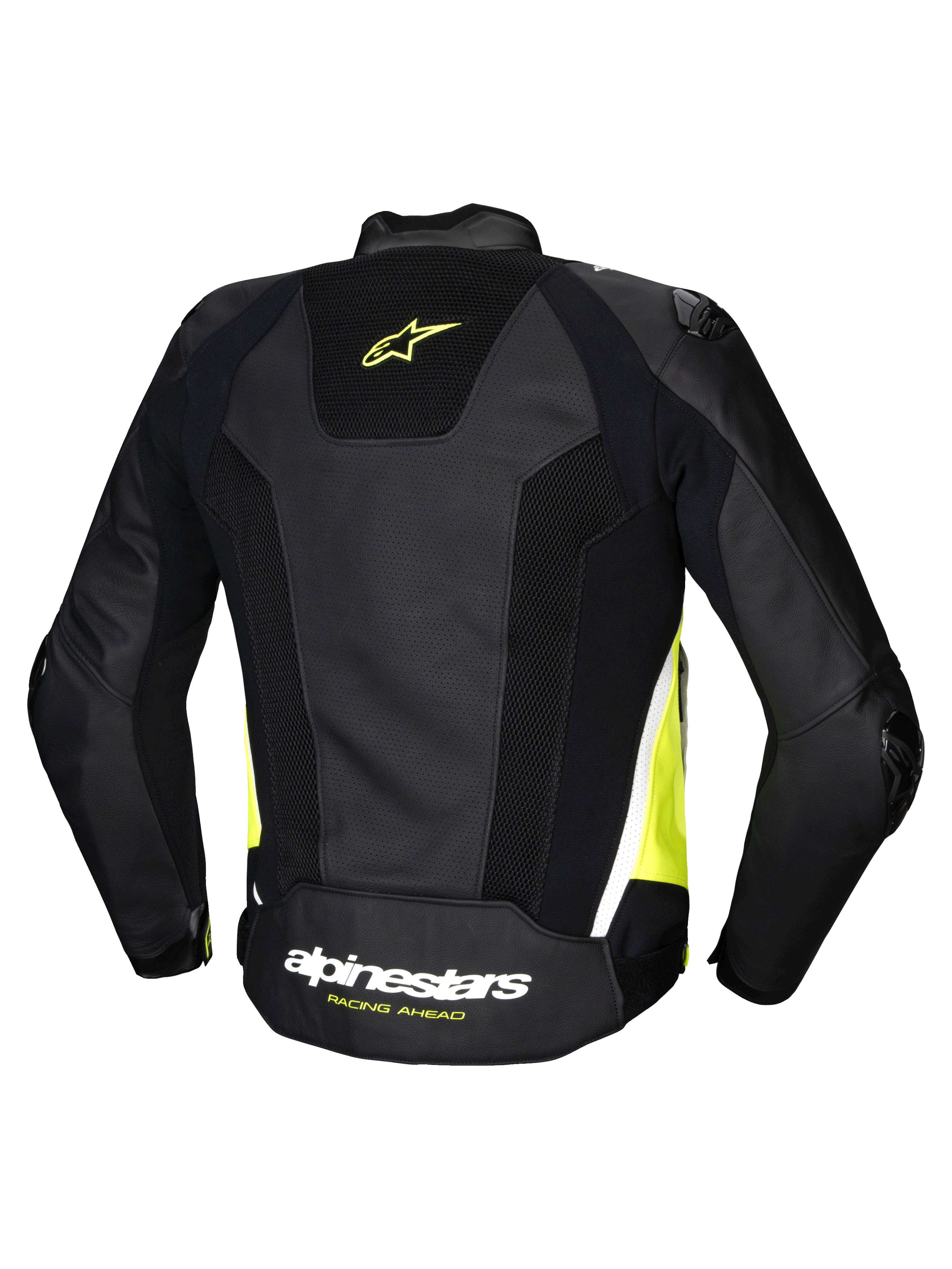 Alpinestars Missile V3 Airflow Læder Jakke, herre motorcykelracingjakke set bagfra, sort, gul fluo og hvid med perforeret læder og strækpaneler, CE-certificeret AA-klasse