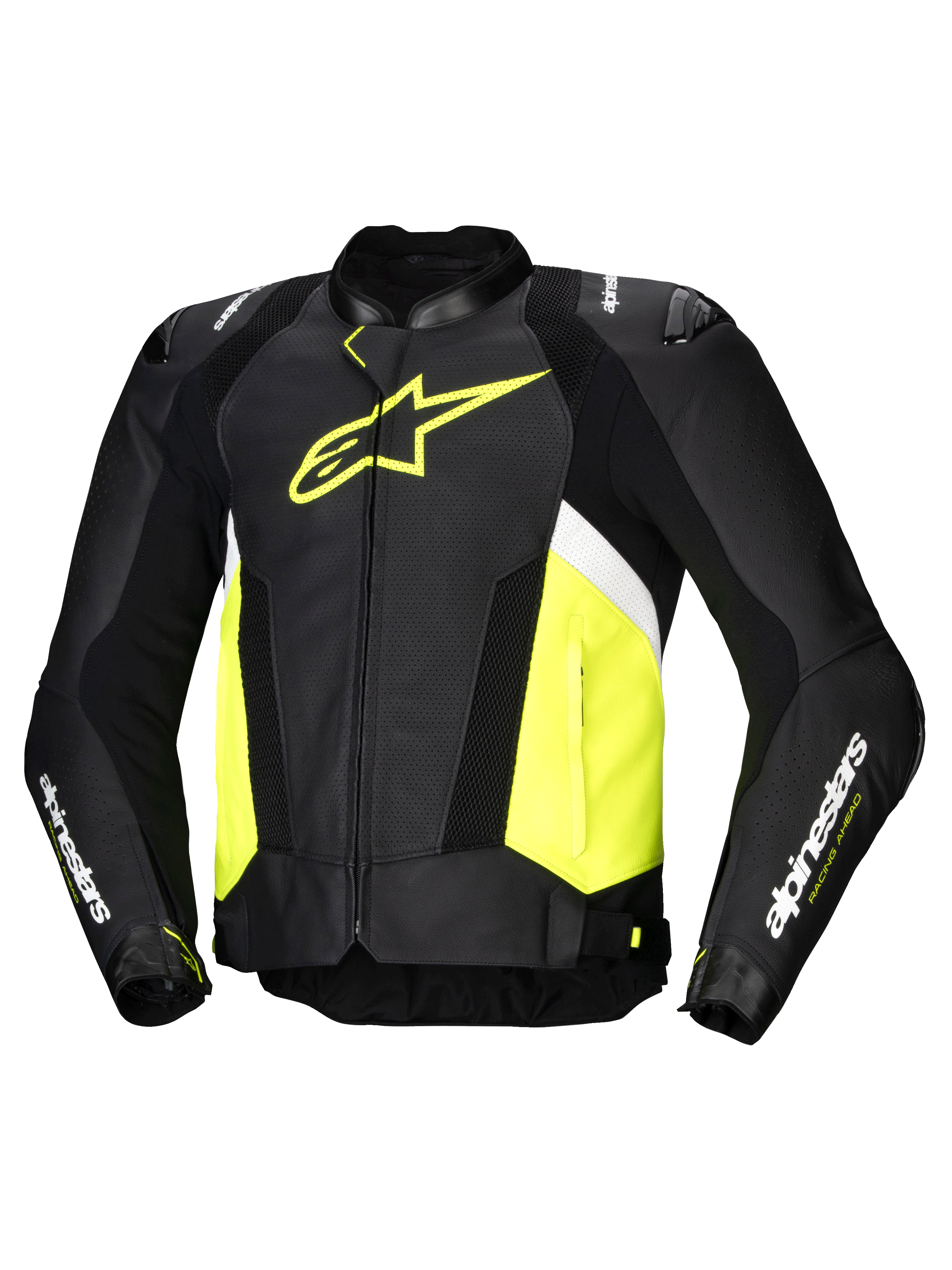 Alpinestars Missile V3 Airflow Læder Jakke, herre-motorcykelracingjakke, sort, gul og hvid, perforeret læder med DFS-skulderbeskyttere og CE-certificeret AA-klasse
