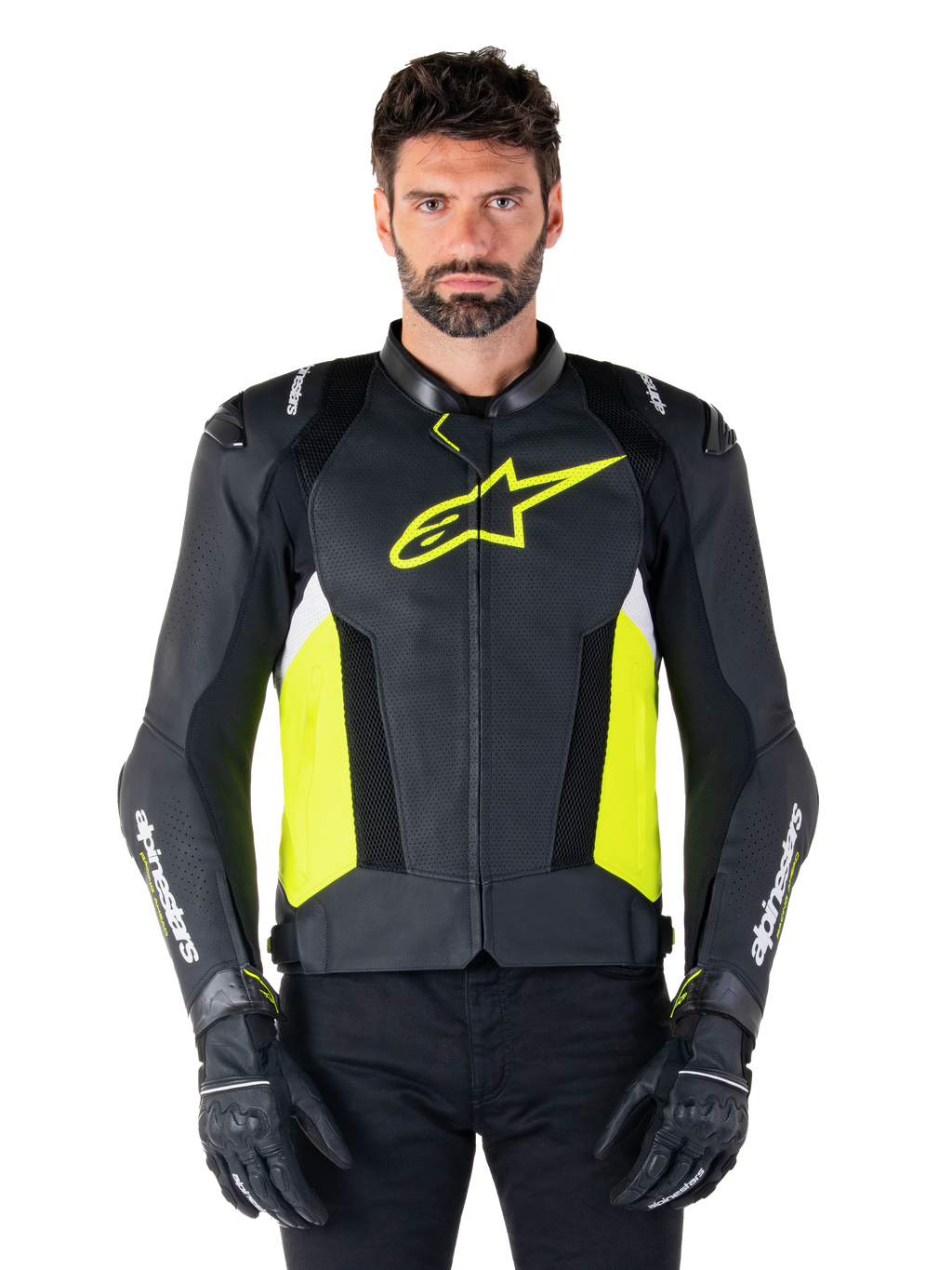 Alpinestars Missile V3 Airflow læderjakke, racing sport motorcykeljakke, sort, gul fluo og hvid, båret af en model med sorte kørehandsker, med perforeret læder på brystet, markant gult fluo-logo og hvid branding på ærmerne