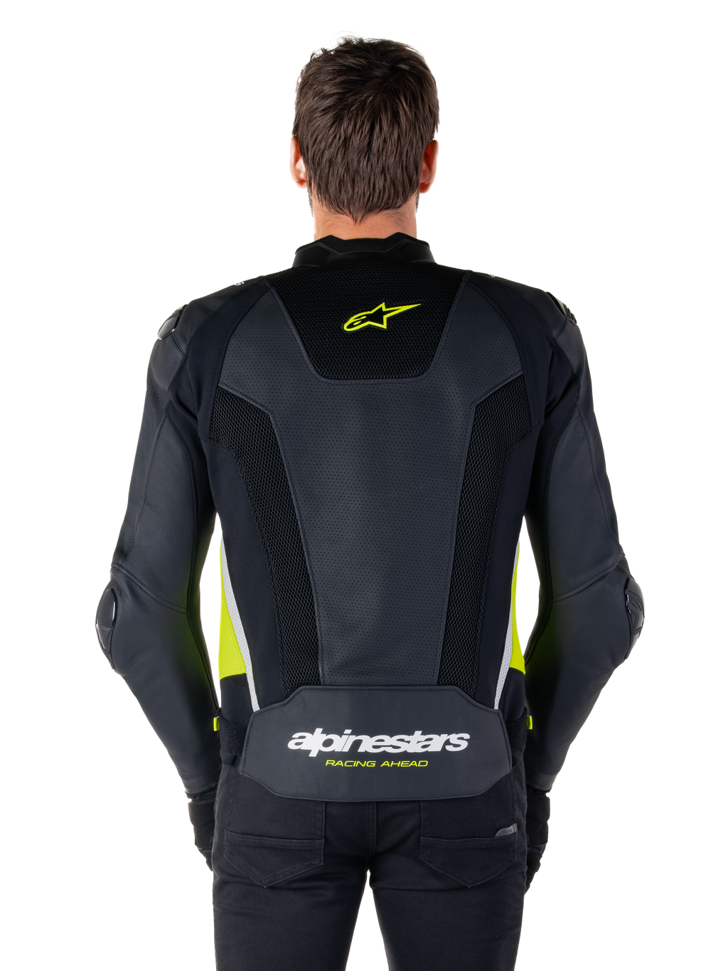 Alpinestars Missile V3 Airflow læderjakke, set bagfra, sort med fluo-gule og hvide detaljer, omfattende perforerede læderpaneler til køling, Alpinestars-branding på øvre og nedre ryg, racing-inspireret motorcykel sportsjakke