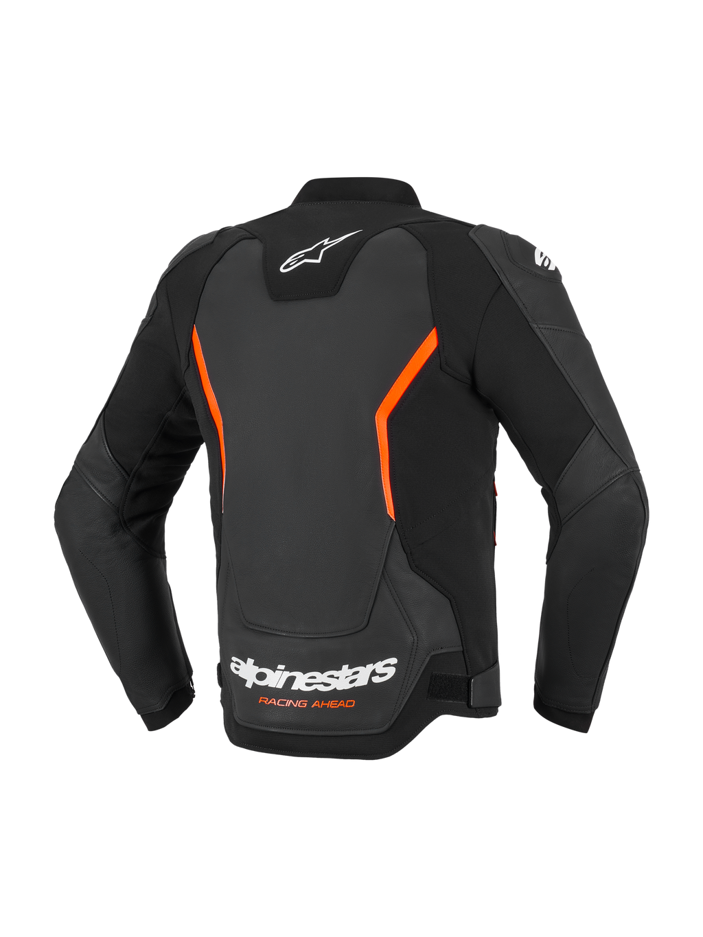 Alpinestars GP Force V2 læderjakke, motorcykeljakke i læder, sort og rød fluo, set bagfra med hvide Alpinestars-logoer og orange Racing Ahead-tekst, fluo-røde vinkelformede detaljer, flerpanelkonstruktion med forbøjede ærmer