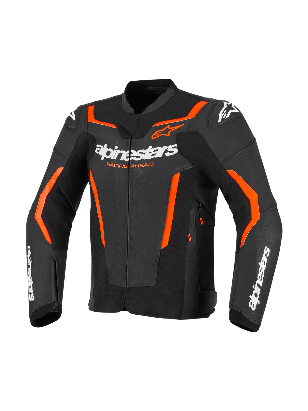Alpinestars GP Force V2 læderjakke, motorcykel sportsjakke, sort og rød fluo, med hvid Alpinestars-branding og iøjnefaldende orange-røde detaljer, professionel læderkonstruktion med sportspasform