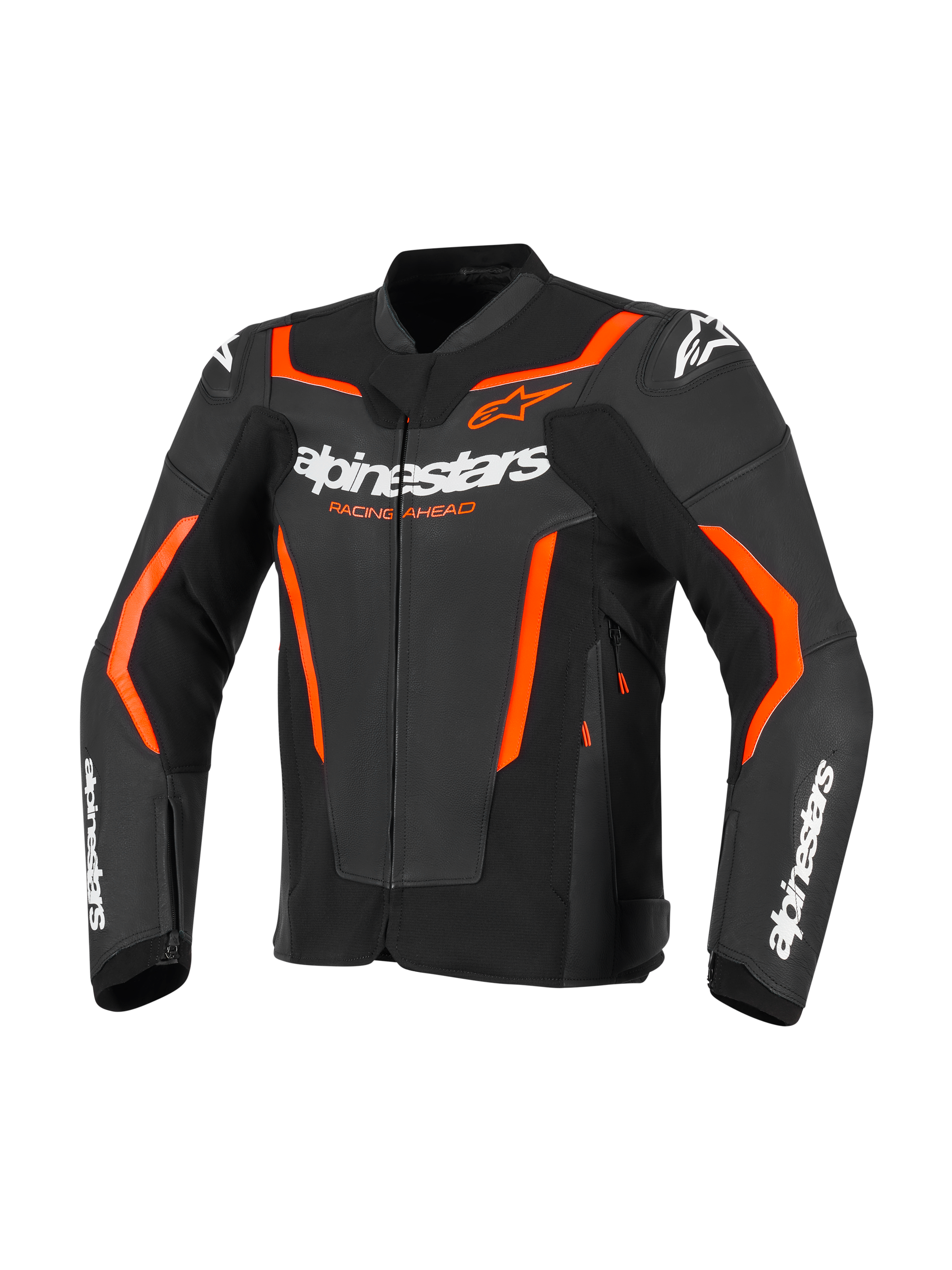 Alpinestars GP Force V2 læderjakke, motorcykel sportsjakke, sort og rød fluo, med hvid Alpinestars-branding og iøjnefaldende orange-røde detaljer, professionel læderkonstruktion med sportspasform