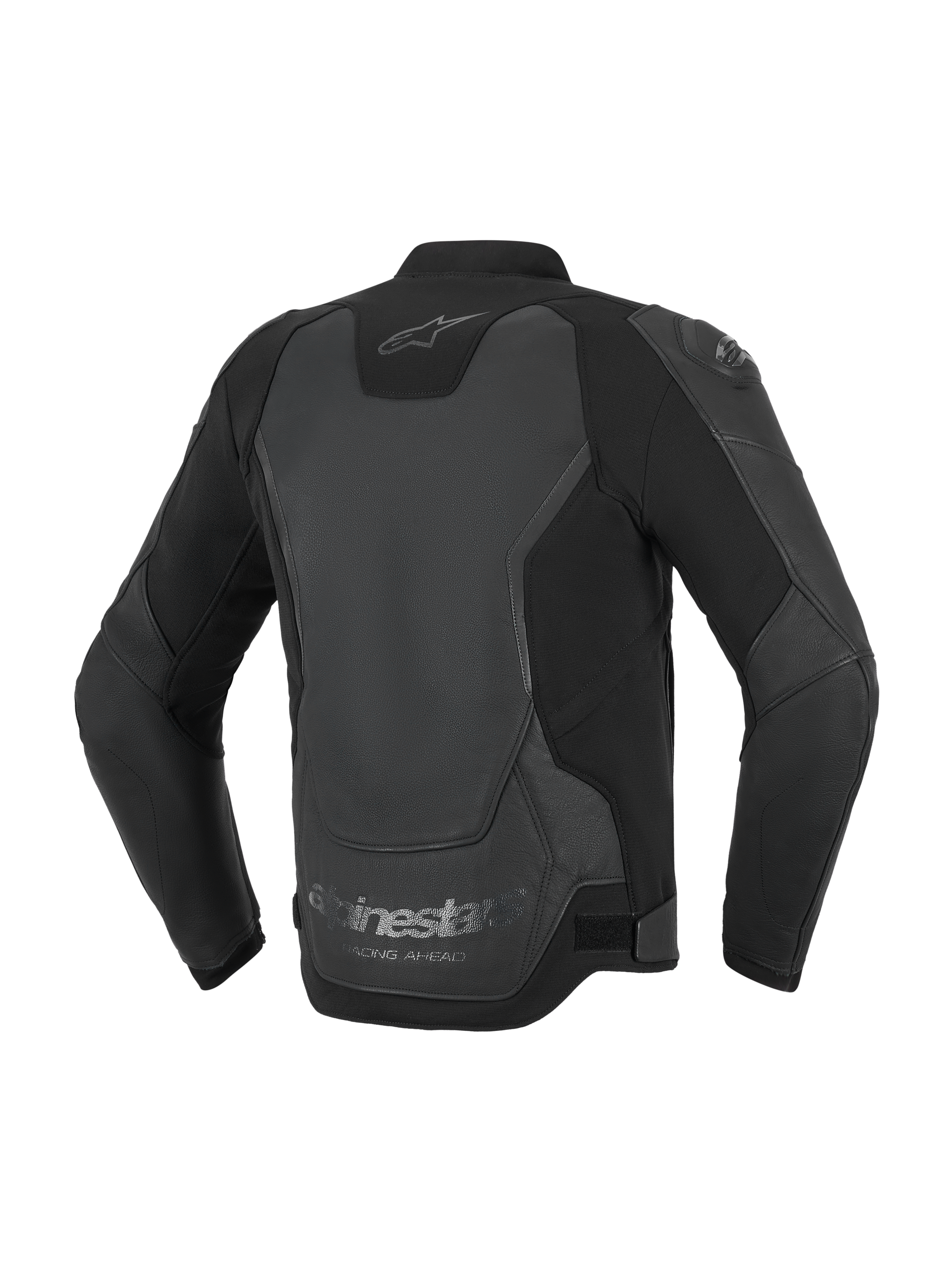 Alpinestars GP Force V2 Leather Jacket, Motorcycle Jacket, Black, back view highlighting multi-panel leather and textile construction, featuring the Alpinestars logo on the neck and 'Racing Ahead' branding at the lower hem.