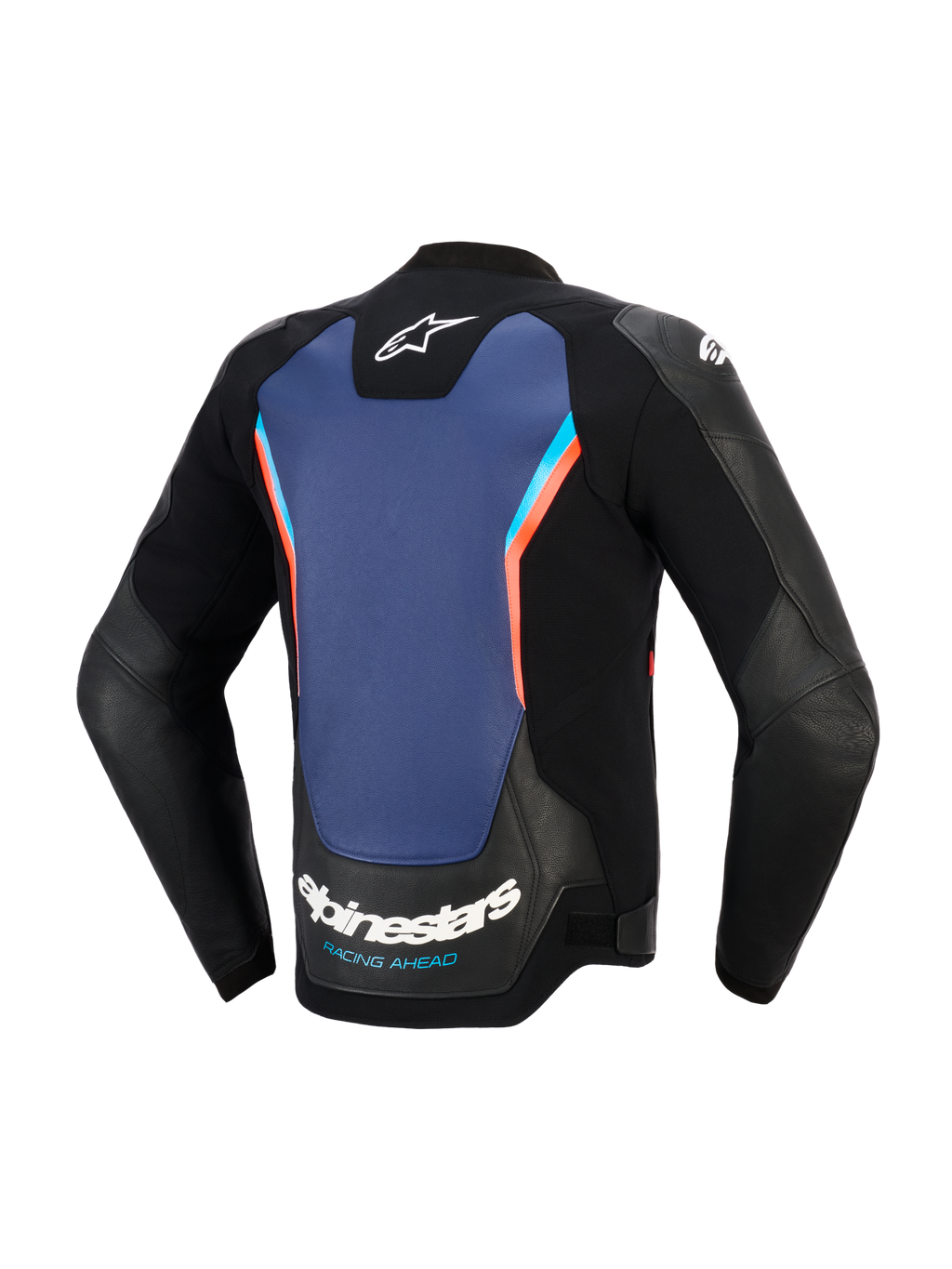 Alpinestars GP Force V2 Læderjakke, set bagfra, sort læder med et stort blåt midterpanel og neonrøde detaljer, med Alpinestars-logo og 'RACING AHEAD'-branding nederst på ryggen, sportsmotorcykeludstyr