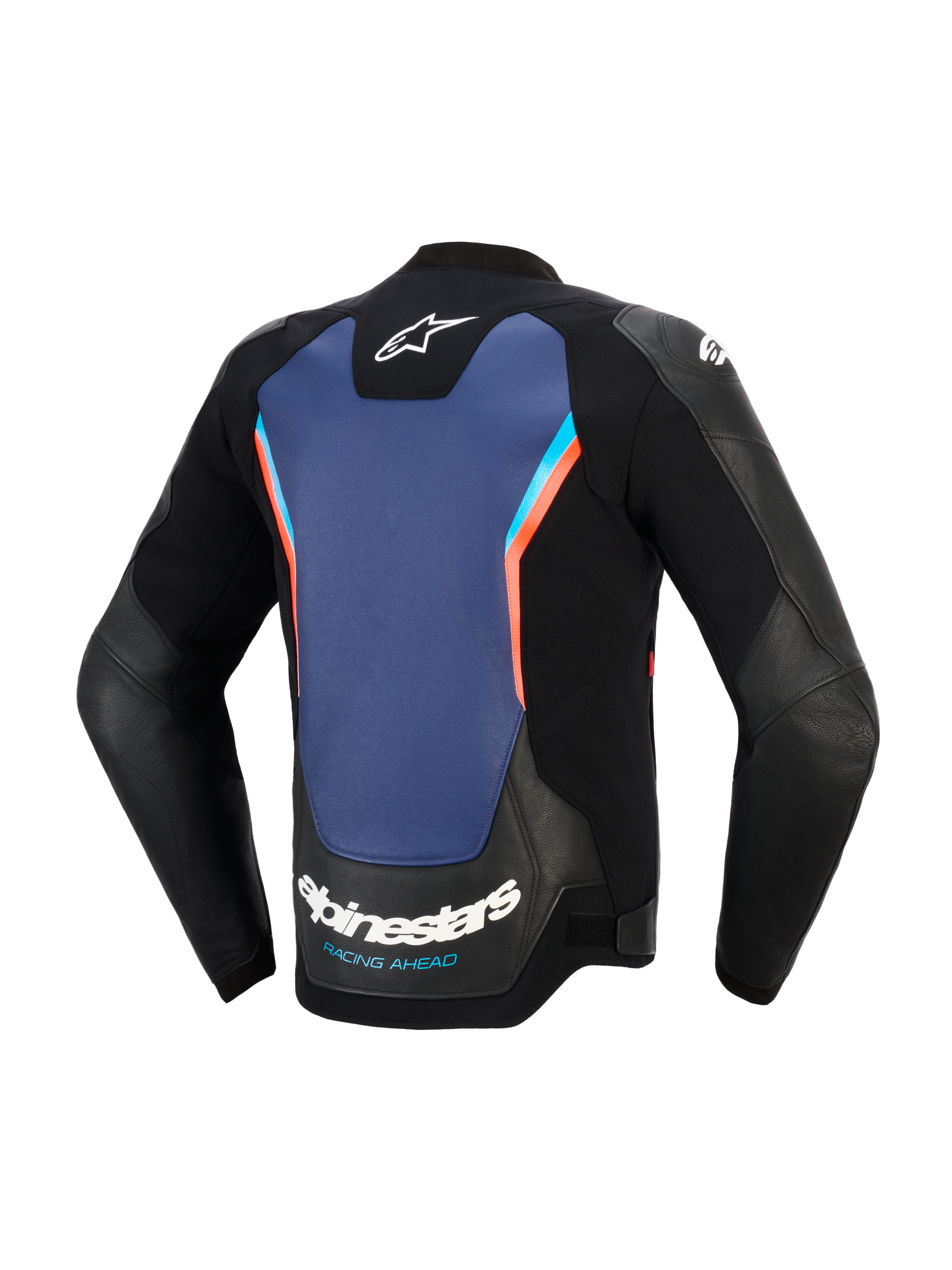 Alpinestars GP Force V2 Læderjakke, set bagfra, sort læder med et stort blåt midterpanel og neonrøde detaljer, med Alpinestars-logo og 'RACING AHEAD'-branding nederst på ryggen, sportsmotorcykeludstyr