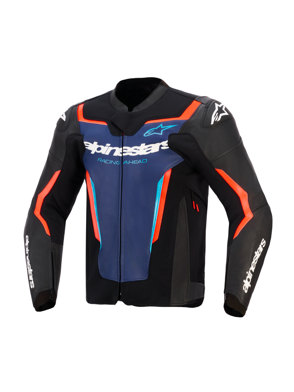 Alpinestars GP Force V2 læderjakke, sort, blå og fluorød, set forfra med blåt brystpanel, hvid 'Alpinestars' og 'Racing Ahead' branding, neon orange-røde detaljer og hvide logoer på skuldre og ærmer, designet til sportslig motorcykelkørsel.