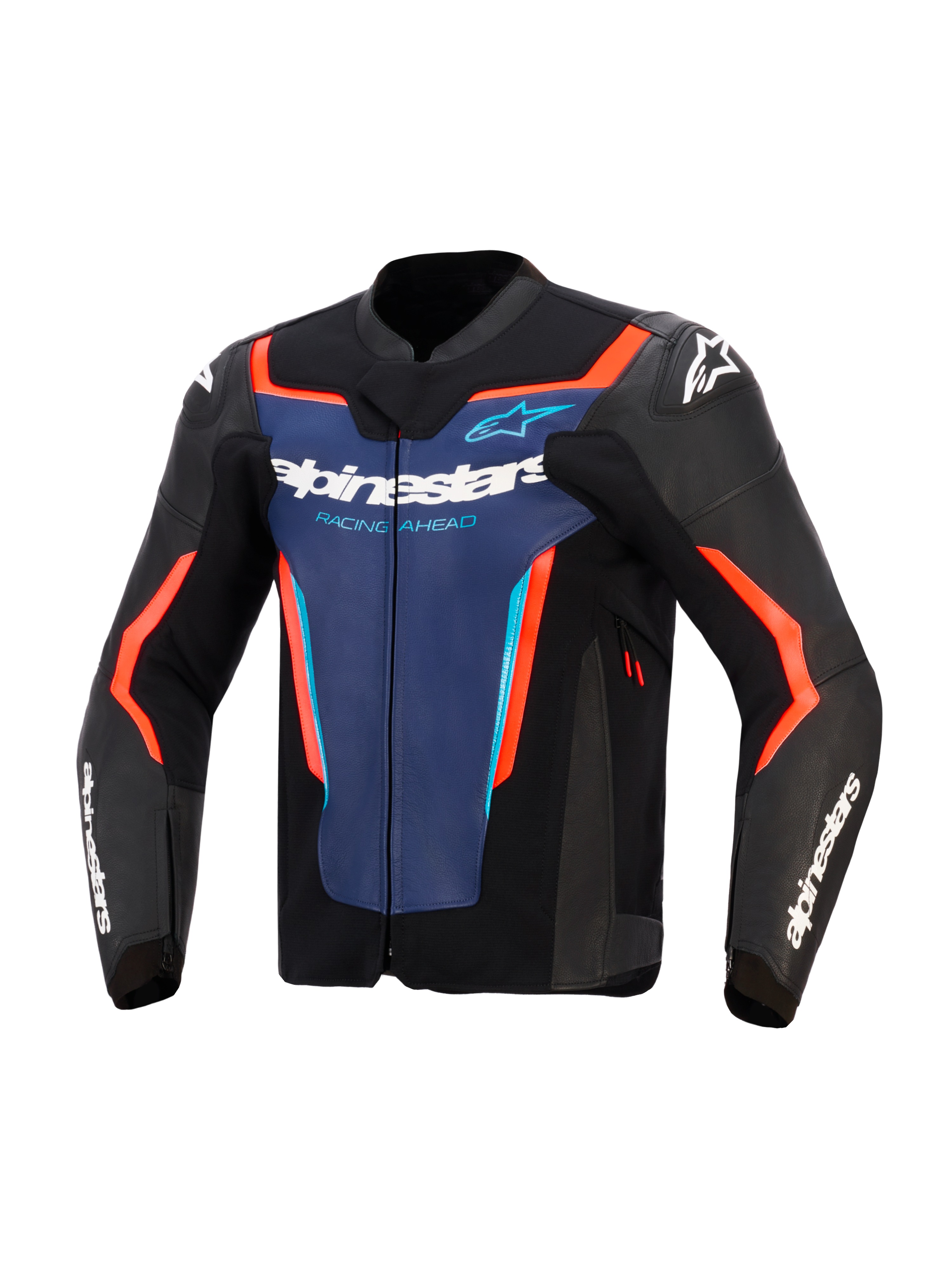 Alpinestars GP Force V2 læderjakke, sort, blå og fluorød, set forfra med blåt brystpanel, hvid 'Alpinestars' og 'Racing Ahead' branding, neon orange-røde detaljer og hvide logoer på skuldre og ærmer, designet til sportslig motorcykelkørsel.