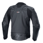 Alpinestars GP Plus R V4 Rideknit læderjakke, sort, set bagfra, viser teknisk læderkonstruktion, RIDEKNIT-strækpaneler og Alpinestars-logo på lænden