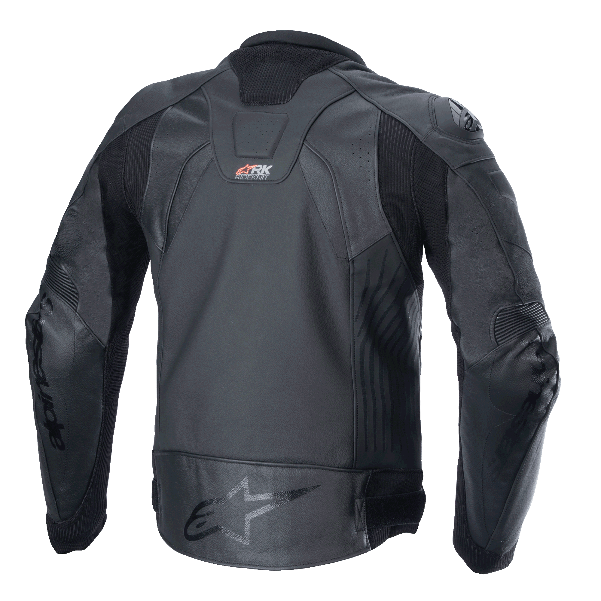Alpinestars GP Plus R V4 Rideknit læderjakke, sort, set bagfra, viser teknisk læderkonstruktion, RIDEKNIT-strækpaneler og Alpinestars-logo på lænden