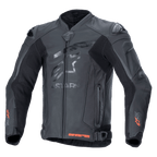 Alpinestars GP Plus R V4 Rideknit læderjakke, sort, professionel motorcykeljakke til racing, tonalt stjernelogo på brystet, røde Rideknit-detaljer på manchetter og nederste kant, perforerede ventilationspaneler, DFS-skulderbeskyttere, premium læderkonstruktion med integreret RIDEKNIT-teknologi