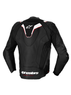 Alpinestars Missile V3 Ignition Læder Jakke, set bagfra af en herremotorcykelracingjakke i sort og hvid med røde detaljer, med en aerodynamisk sportshump og premium bovin læderkonstruktion