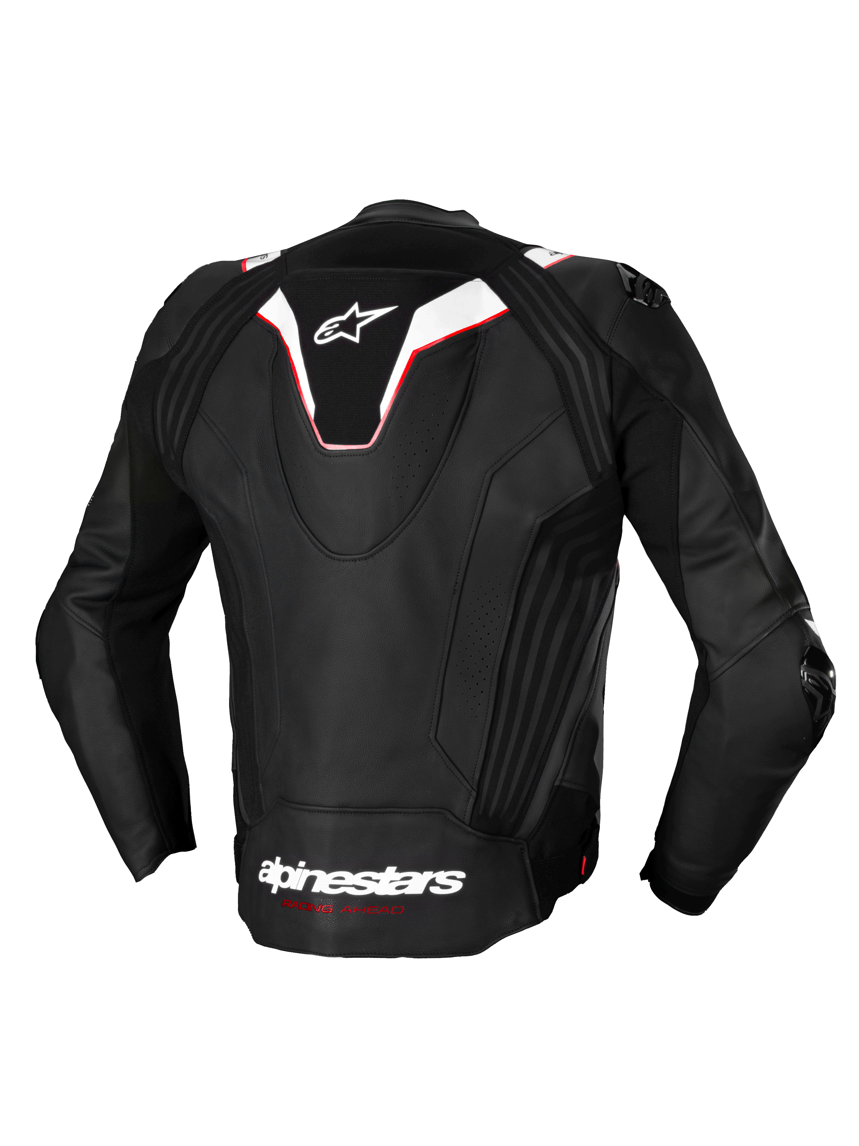 Alpinestars Missile V3 Ignition Læder Jakke, set bagfra af en herremotorcykelracingjakke i sort og hvid med røde detaljer, med en aerodynamisk sportshump og premium bovin læderkonstruktion