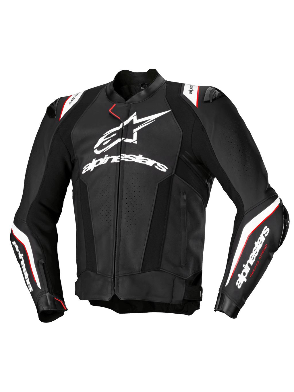 Alpinestars Missile V3 Ignition læderjakke, herre motorcykelracingjakke, sort og hvid med røde detaljer, CE-certificeret AA, premium bovin læderkonstruktion