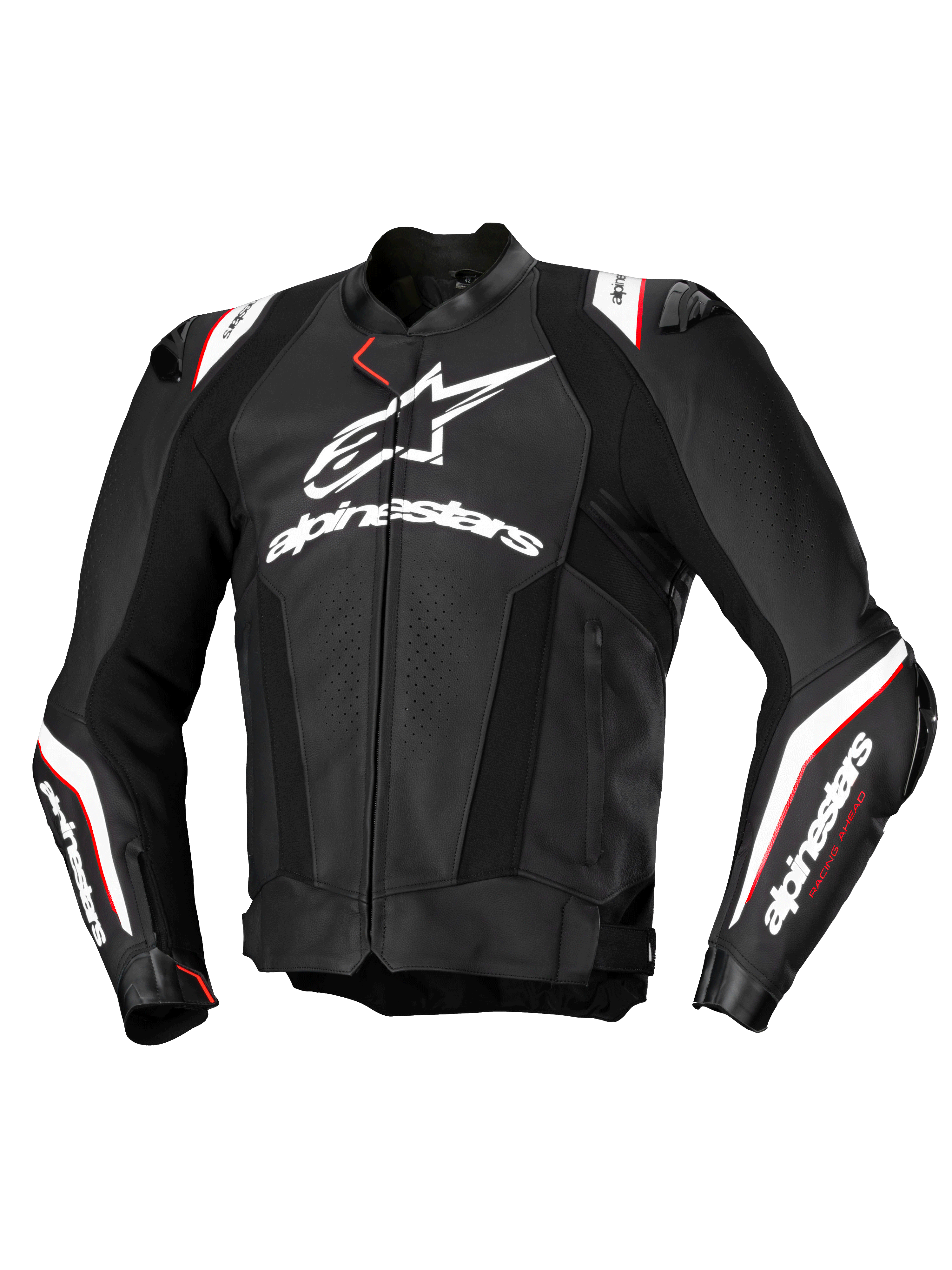 Alpinestars Missile V3 Ignition læderjakke, herre motorcykelracingjakke, sort og hvid med røde detaljer, CE-certificeret AA, premium bovin læderkonstruktion