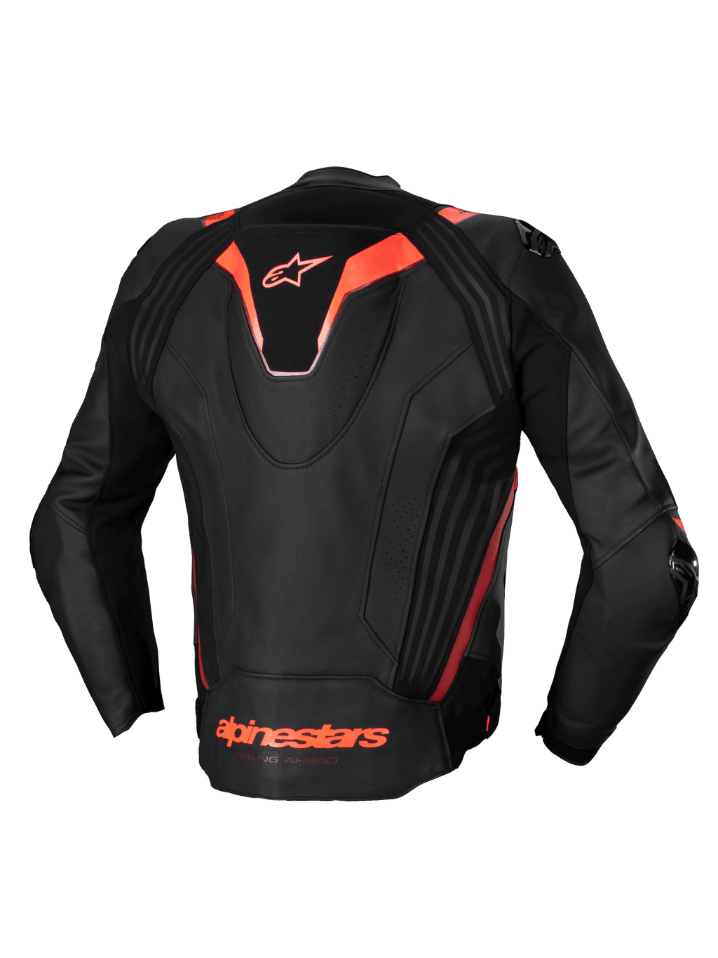 Alpinestars Missile V3 Ignition Læder Jakke, herre-motorcykelracingjakke set bagfra, sort og rød flammefarvet, CE-certificeret, premium læder med sport aero-hump og strækpaneler