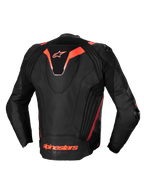 Alpinestars Missile V3 Ignition Læder Jakke, herre-motorcykelracingjakke set bagfra, sort og rød flammefarvet, CE-certificeret, premium læder med sport aero-hump og strækpaneler