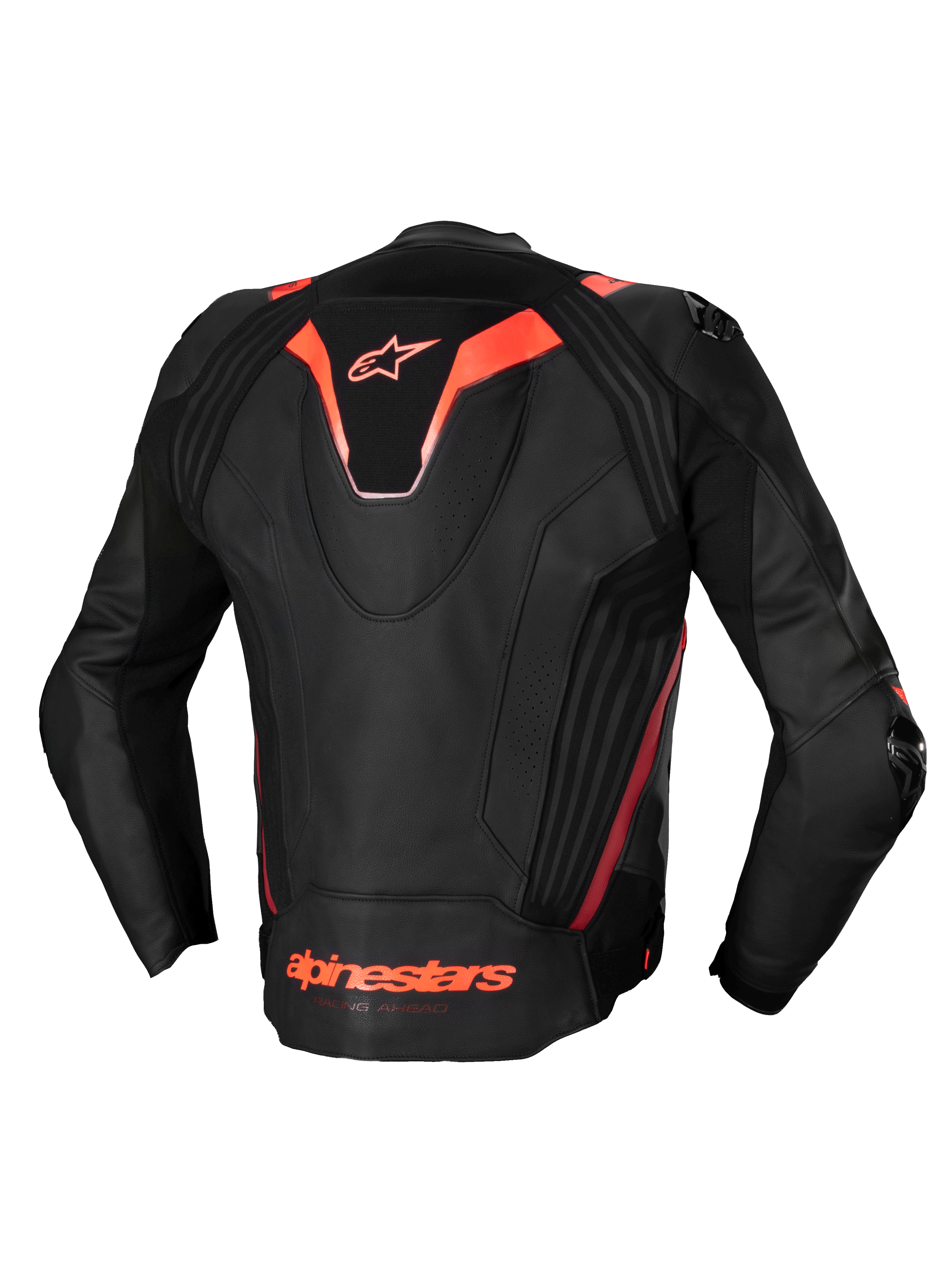 Alpinestars Missile V3 Ignition Læder Jakke, herre-motorcykelracingjakke set bagfra, sort og rød flammefarvet, CE-certificeret, premium læder med sport aero-hump og strækpaneler