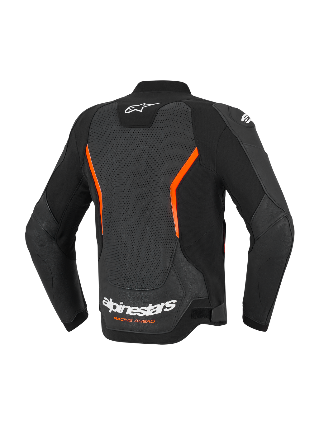 Alpinestars GP Force V2 Air læderjakke, set bagfra, sort og rød fluo, stort perforeret rygpanel til ventilation, hvidt Alpinestars-logo og 'Racing Ahead'-tekst nederst på ryggen, ergonomiske forbøjede ærmer
