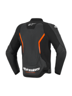Alpinestars GP Force V2 Air læderjakke, set bagfra, sort og rød fluo, stort perforeret rygpanel til ventilation, hvidt Alpinestars-logo og 'Racing Ahead'-tekst nederst på ryggen, ergonomiske forbøjede ærmer