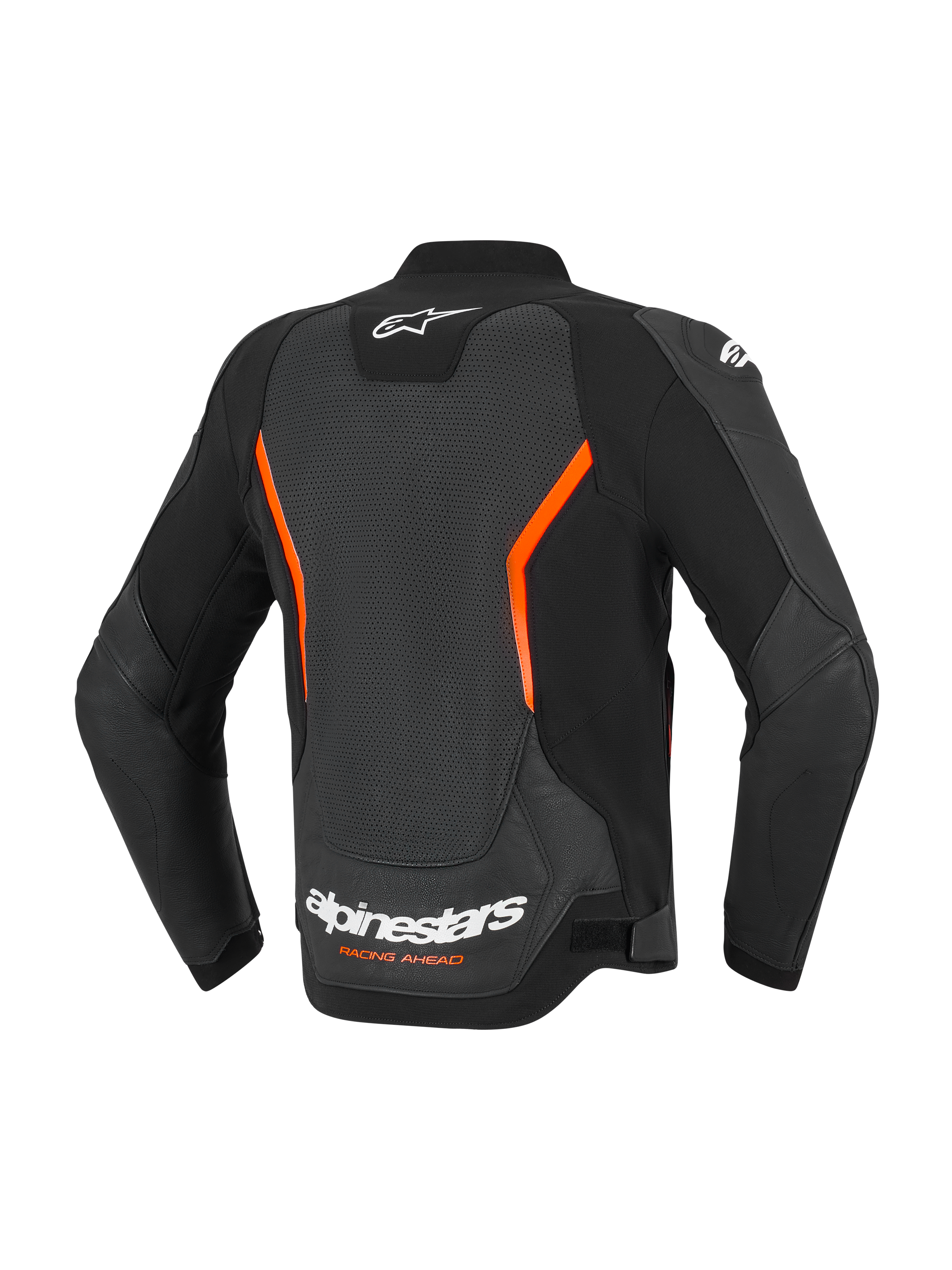 Alpinestars GP Force V2 Air læderjakke, set bagfra, sort og rød fluo, stort perforeret rygpanel til ventilation, hvidt Alpinestars-logo og 'Racing Ahead'-tekst nederst på ryggen, ergonomiske forbøjede ærmer