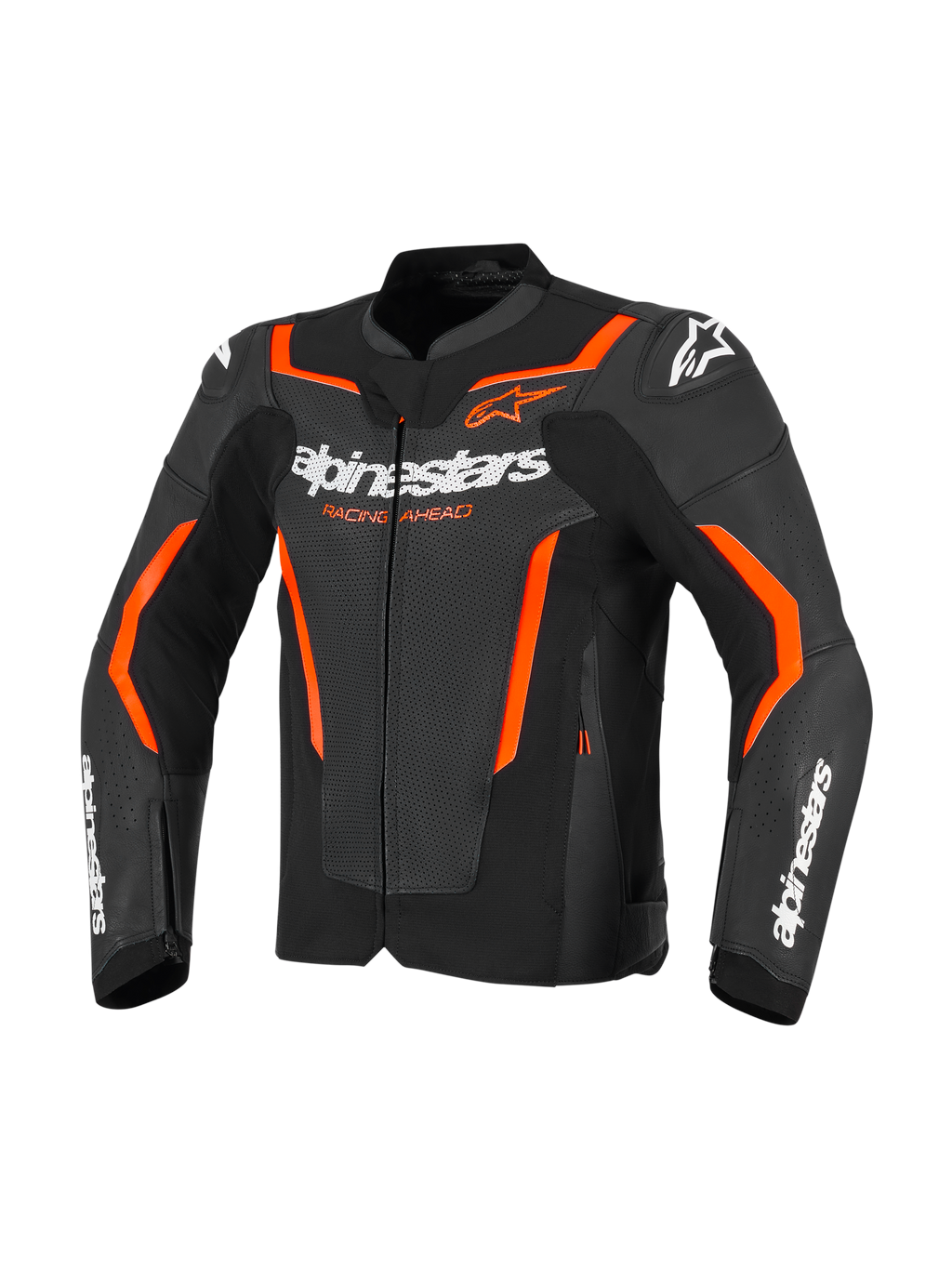 Alpinestars GP Force V2 Air læderjakke, sort og rød fluo, perforeret motorcykeljakke i læder med hvid Alpinestars-branding på brystet og ærmerne, klare orange detaljer og integrerede skulderbeskyttere, set forfra.