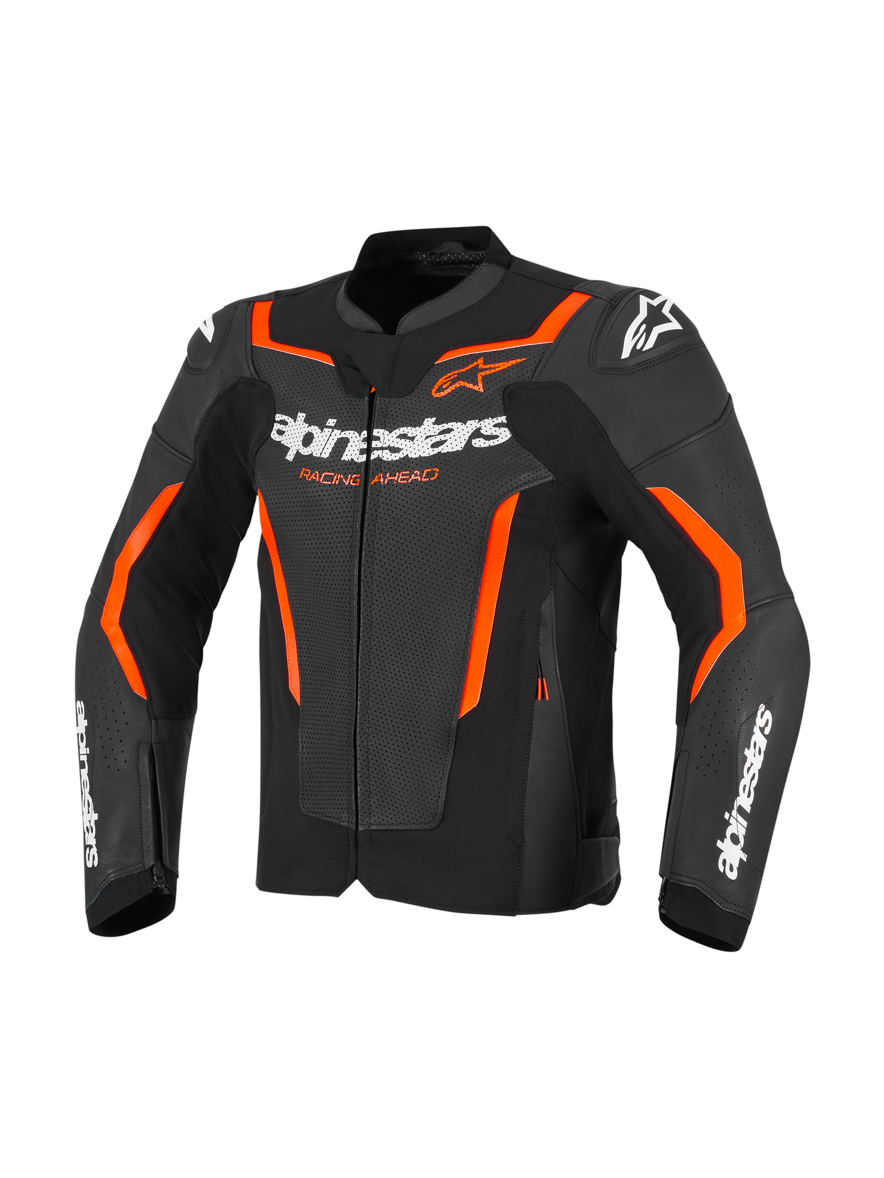 Alpinestars GP Force V2 Air læderjakke, sort og rød fluo, perforeret motorcykeljakke i læder med hvid Alpinestars-branding på brystet og ærmerne, klare orange detaljer og integrerede skulderbeskyttere, set forfra.