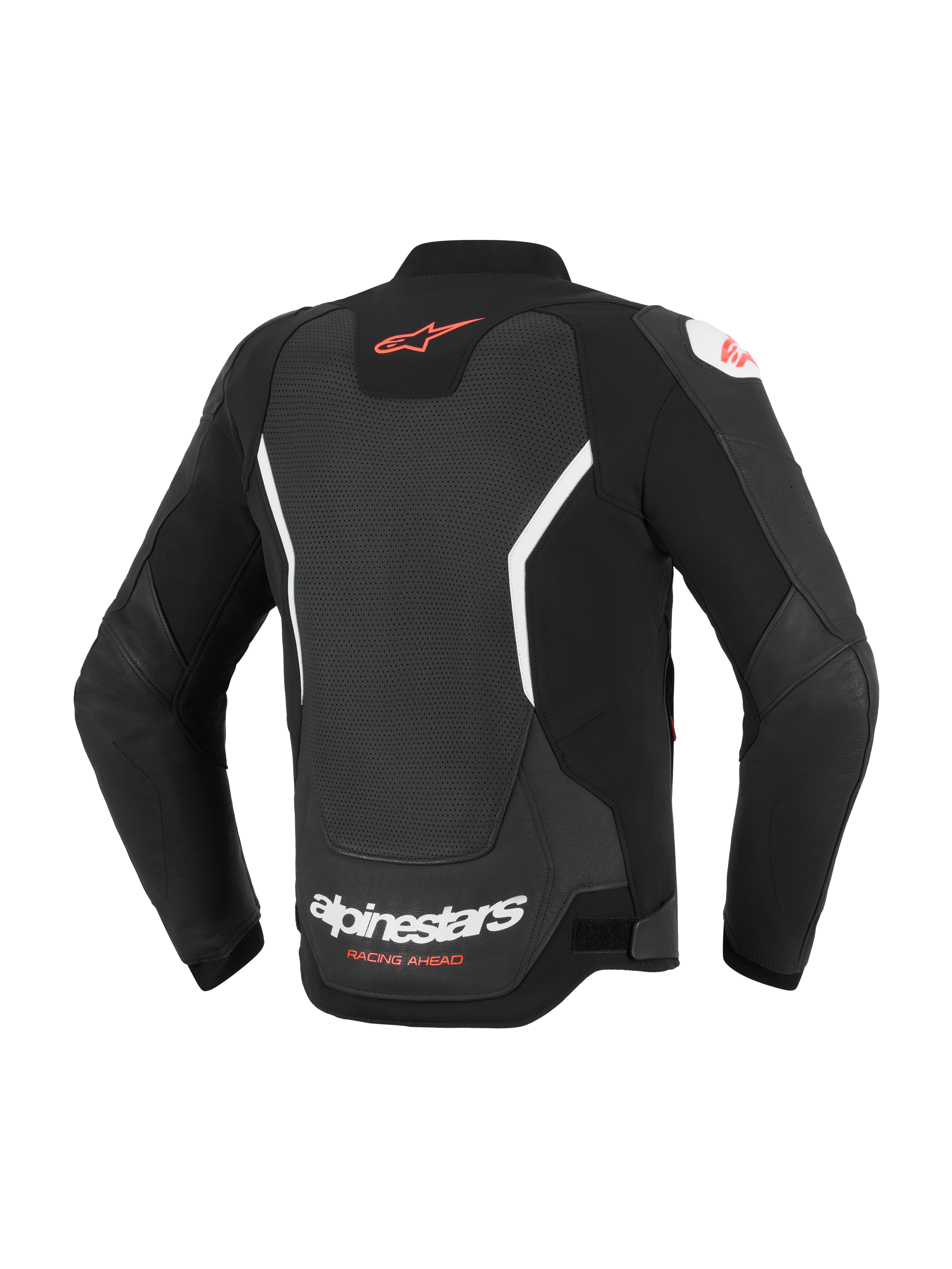 Alpinestars GP Force V2 Air læderjakke, set bagfra, sort og hvid, med et omfattende perforeret rygpanel til ventilation, rødt Alpinestars-logo på den øverste del af ryggen, hvid branding på den nederste del af ryggen, premium bovinlæderkonstruktion til sportskørsel