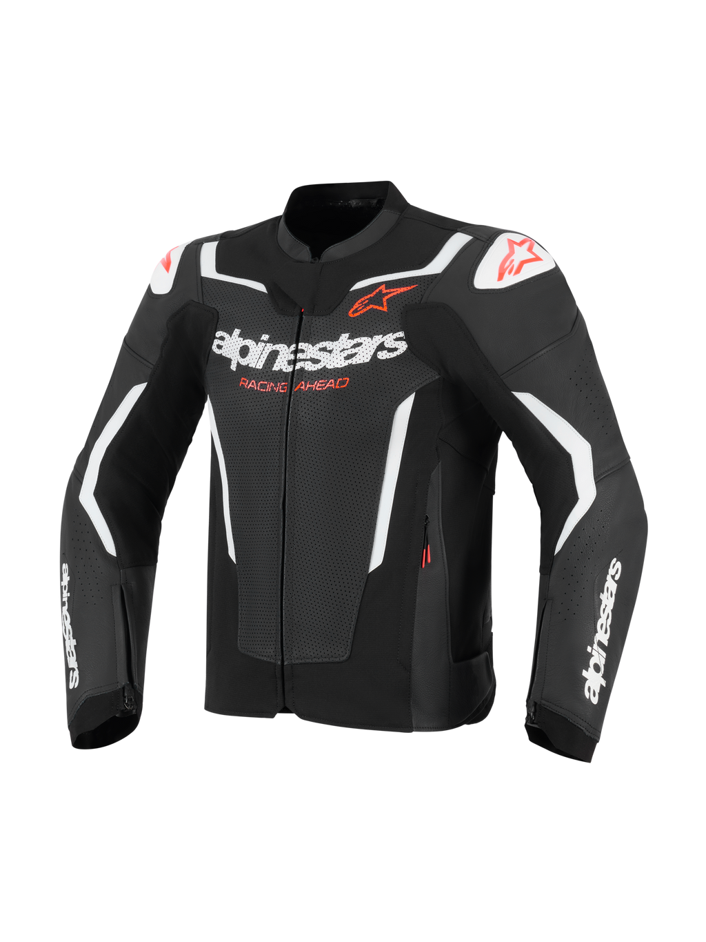 Alpinestars GP Force V2 Air læderjakke, motorcykeljakke, sort og hvid med røde detaljer, perforerede læderpaneler for luftgennemstrømning, hvide Alpinestars-logoer og 'Racing Ahead'-tekst, DFS-skulderbeskyttere, atletisk racerdesign