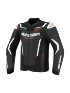 Alpinestars GP Force V2 Air læderjakke, motorcykeljakke, sort og hvid med røde detaljer, perforerede læderpaneler for luftgennemstrømning, hvide Alpinestars-logoer og 'Racing Ahead'-tekst, DFS-skulderbeskyttere, atletisk racerdesign