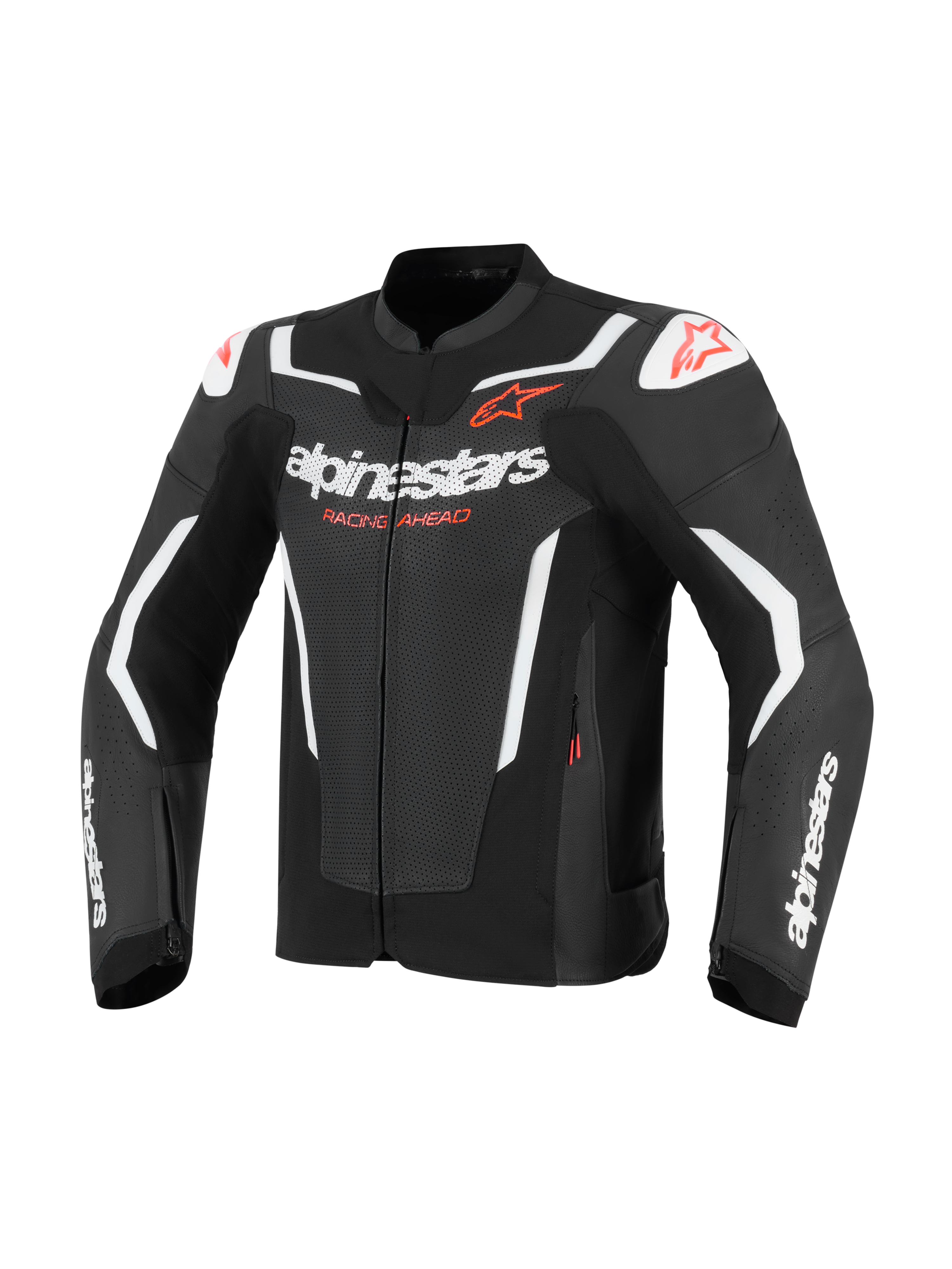 Alpinestars GP Force V2 Air læderjakke, motorcykeljakke, sort og hvid med røde detaljer, perforerede læderpaneler for luftgennemstrømning, hvide Alpinestars-logoer og 'Racing Ahead'-tekst, DFS-skulderbeskyttere, atletisk racerdesign
