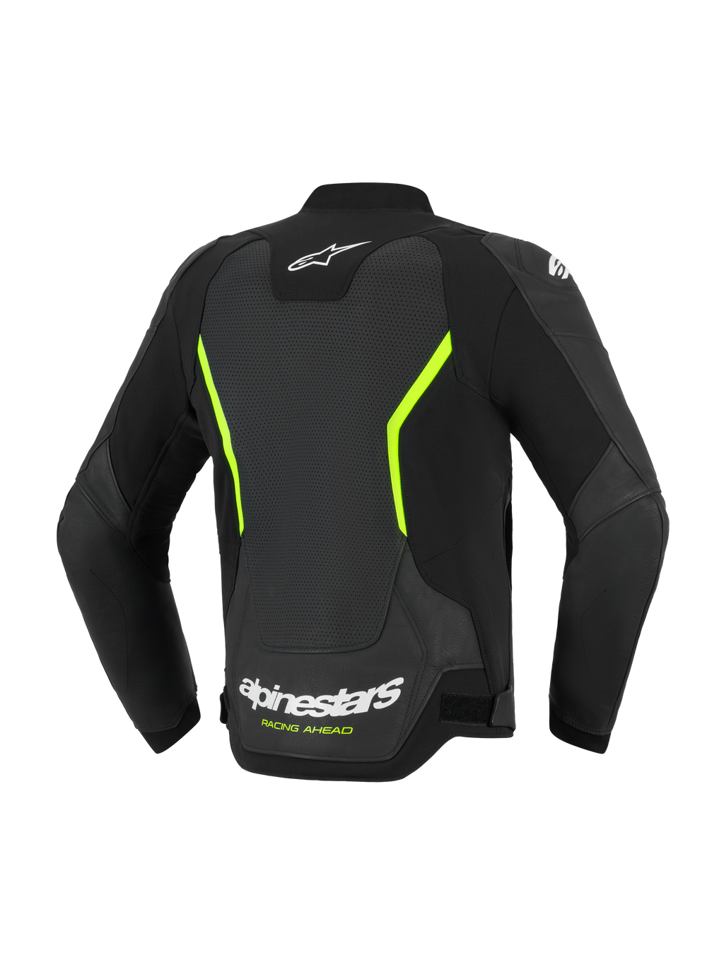 Alpinestars GP Force V2 Air læderjakke, motorcykeljakke, sort og neon gul, set bagfra med store perforerede læderpaneler, hvide Alpinestars-logoer, markante gule accenter og en sportslig pasform