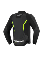 Alpinestars GP Force V2 Air læderjakke, motorcykeljakke, sort og neon gul, set bagfra med store perforerede læderpaneler, hvide Alpinestars-logoer, markante gule accenter og en sportslig pasform