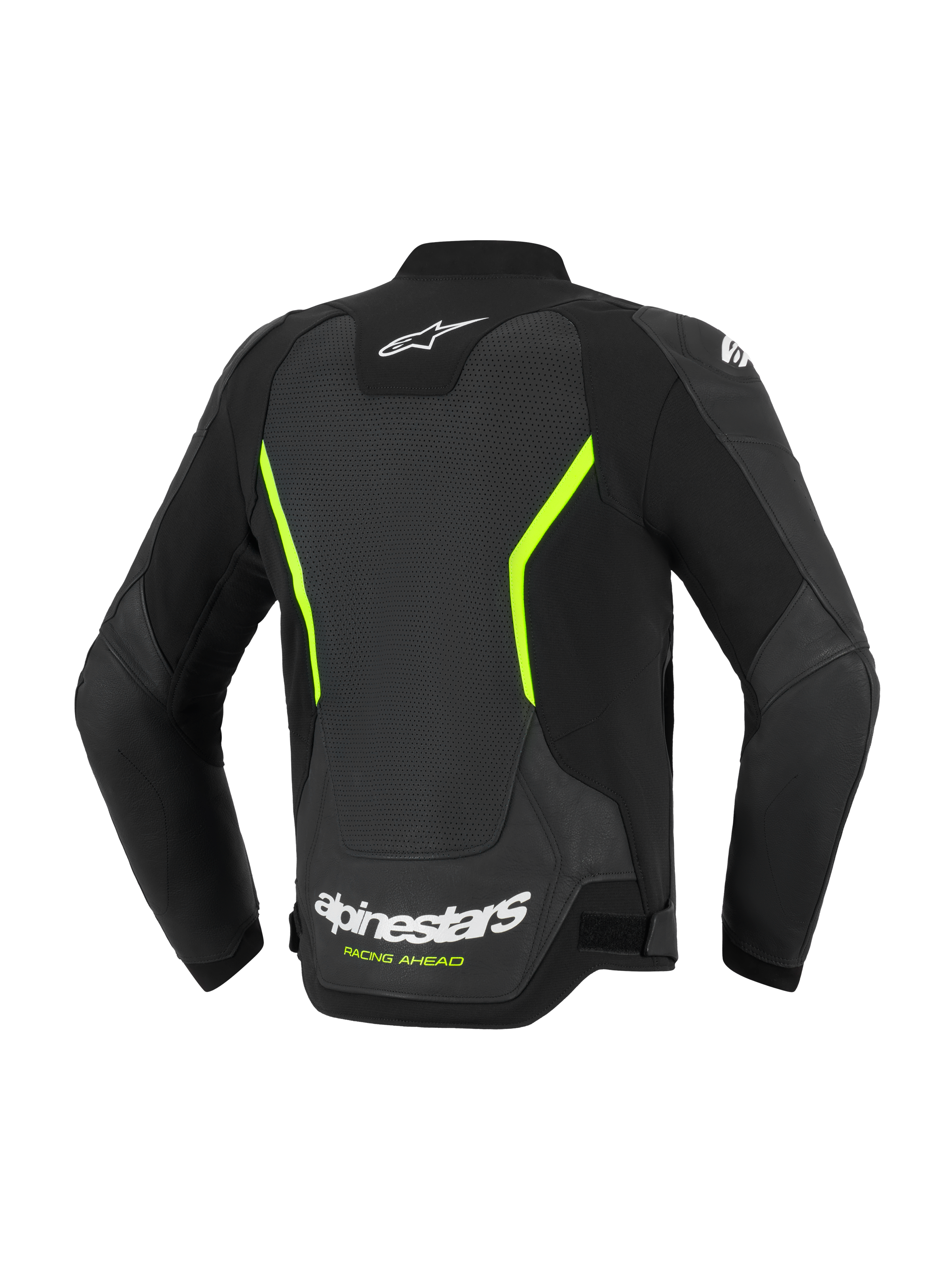 Alpinestars GP Force V2 Air læderjakke, motorcykeljakke, sort og neon gul, set bagfra med store perforerede læderpaneler, hvide Alpinestars-logoer, markante gule accenter og en sportslig pasform