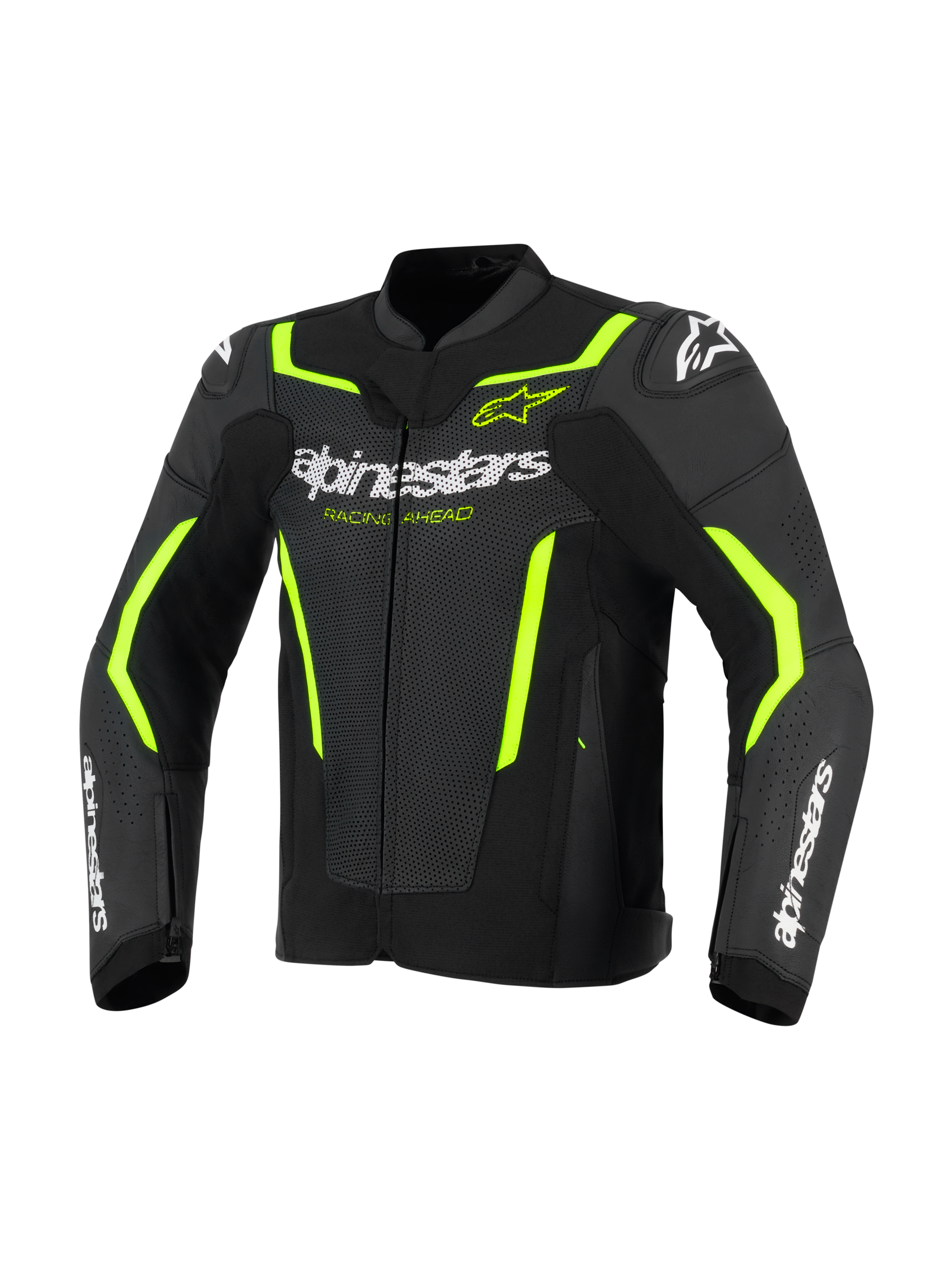 Alpinestars GP Force V2 Air læderjakke, motorcykeljakke i læder, sort og gul fluo, med perforerede læderpaneler for luftgennemstrømning, markant hvidt Alpinestars-logo på brystet og underarmene samt fluorescerende gule detaljer på skuldrene og ærmerne for et sportsorienteret look.