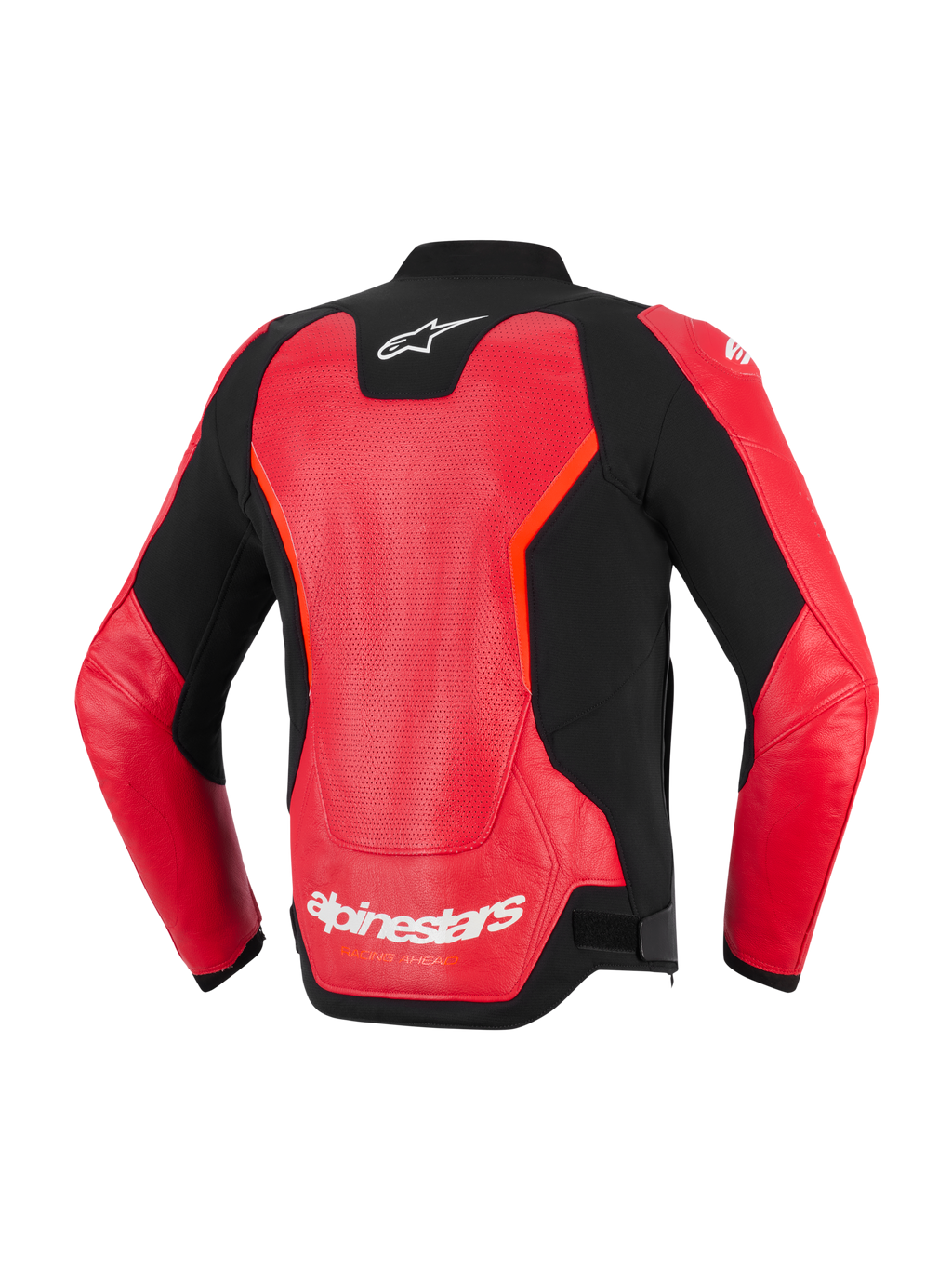 Alpinestars GP Force V2 Air læderjakke, set bagfra, rød og sort, med et stort perforeret læderpanel til ventilation, hvidt Alpinestars-logo på nakken og nederst på ryggen, strømlinet sportsdesign til motorcykelkørsel på vej