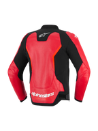 Alpinestars GP Force V2 Air læderjakke, set bagfra, rød og sort, med et stort perforeret læderpanel til ventilation, hvidt Alpinestars-logo på nakken og nederst på ryggen, strømlinet sportsdesign til motorcykelkørsel på vej